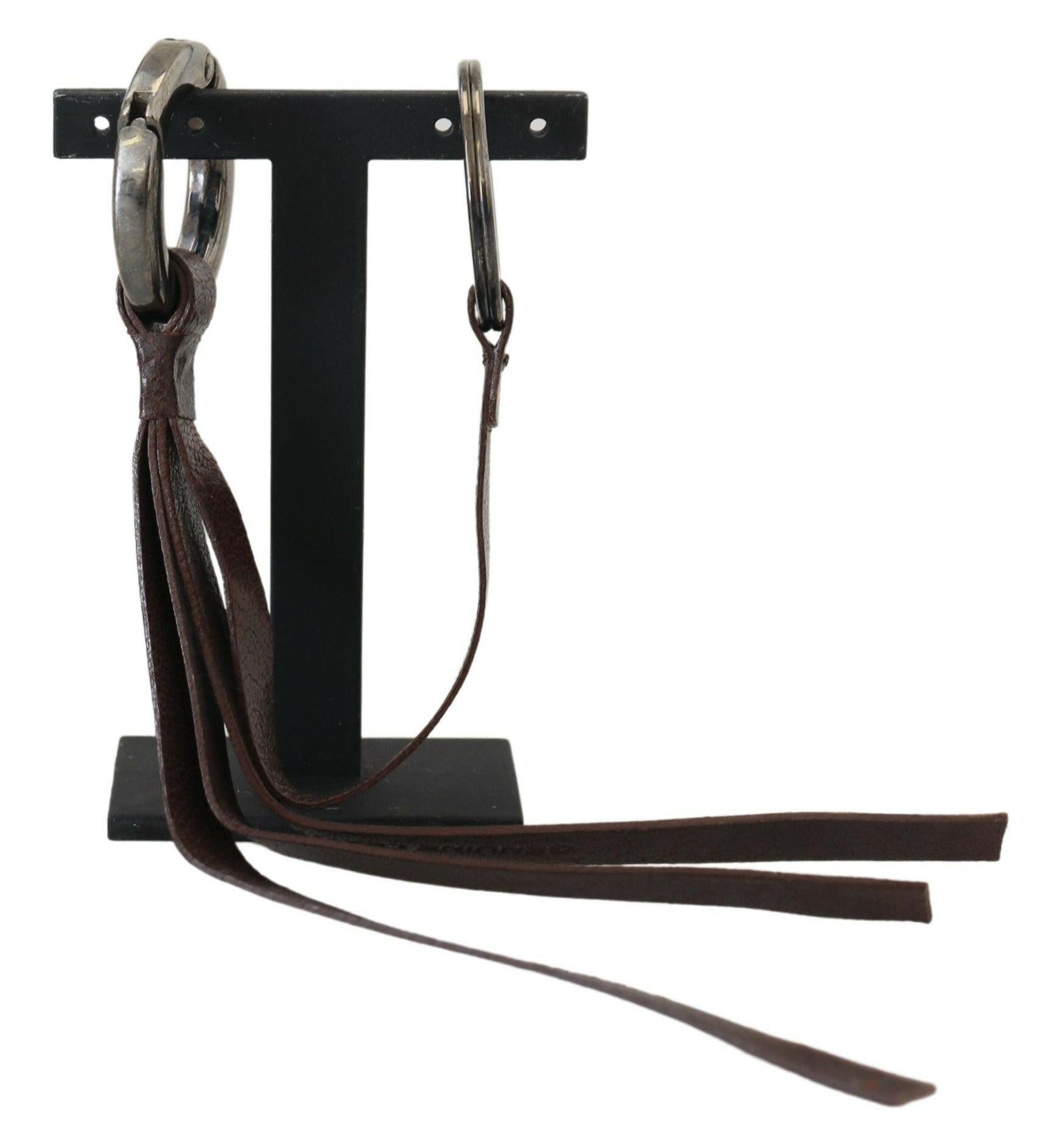 Costume National Brown Leather Silver Tone Metal Keyring Keychain.