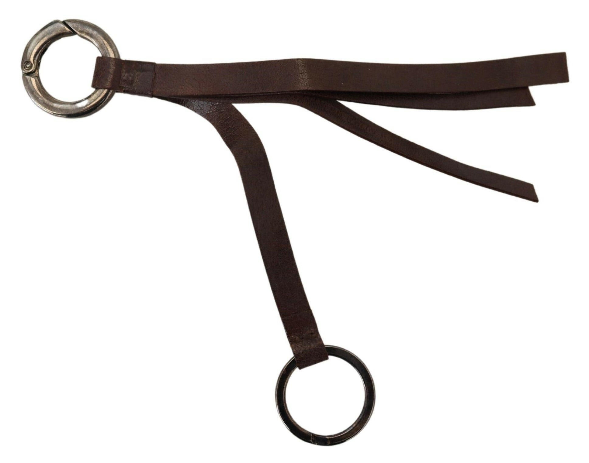 Costume National Brown Leather Silver Tone Metal Keyring Keychain.