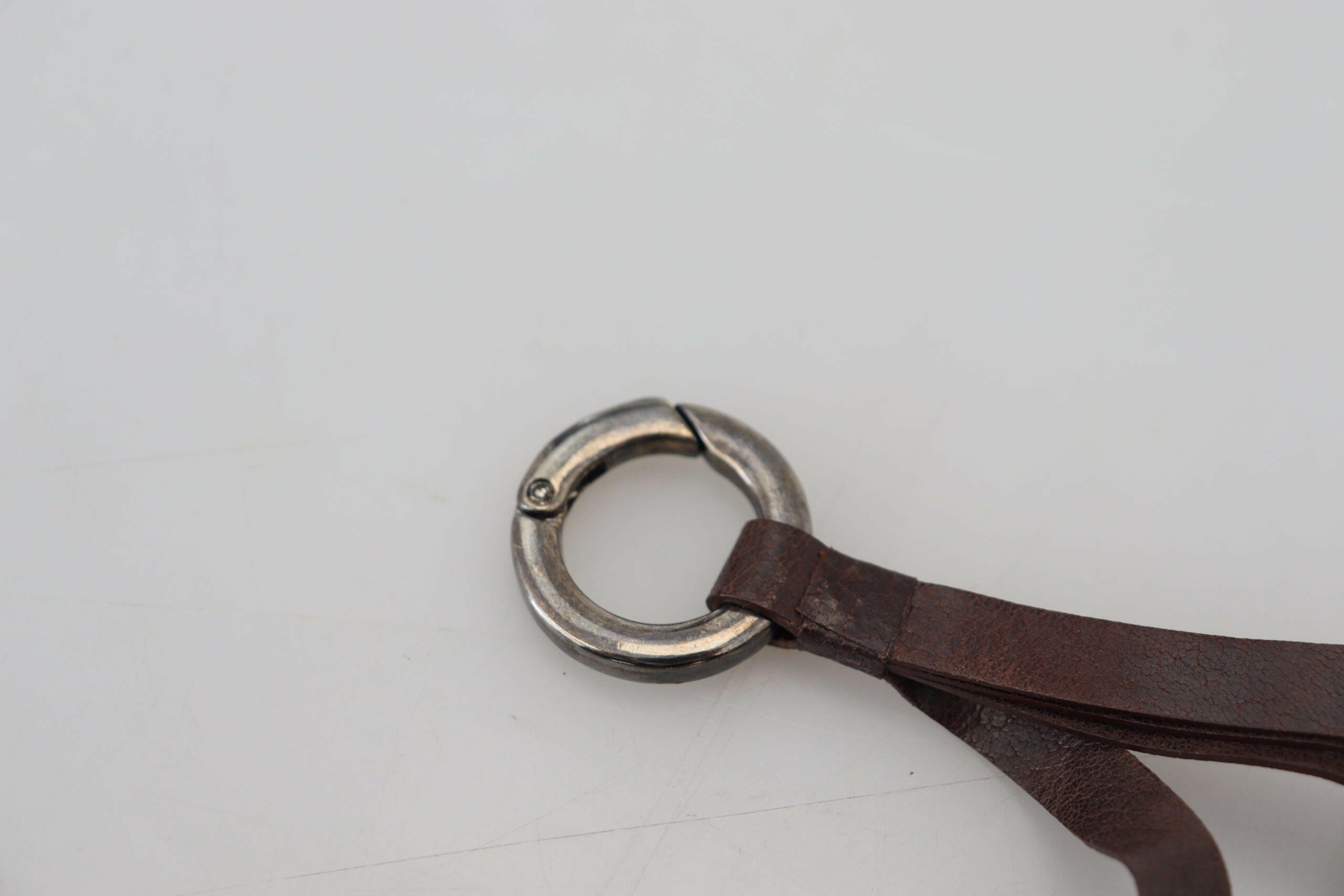 Costume National Brown Leather Silver Tone Metal Keyring Keychain.