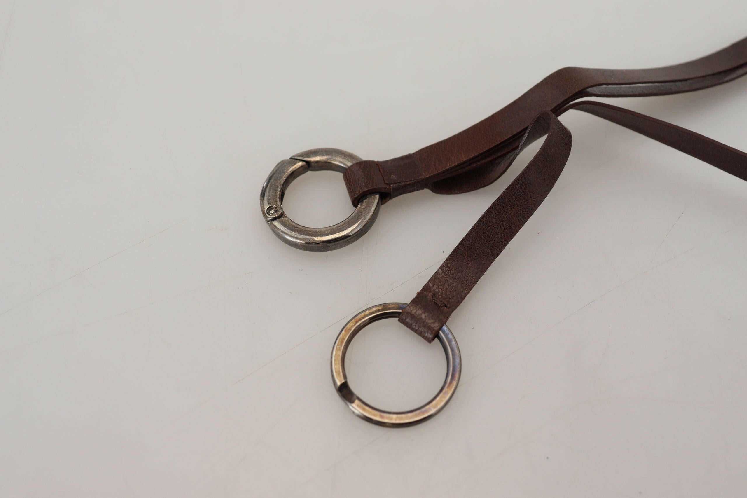 Costume National Brown Leather Silver Tone Metal Keyring Keychain.