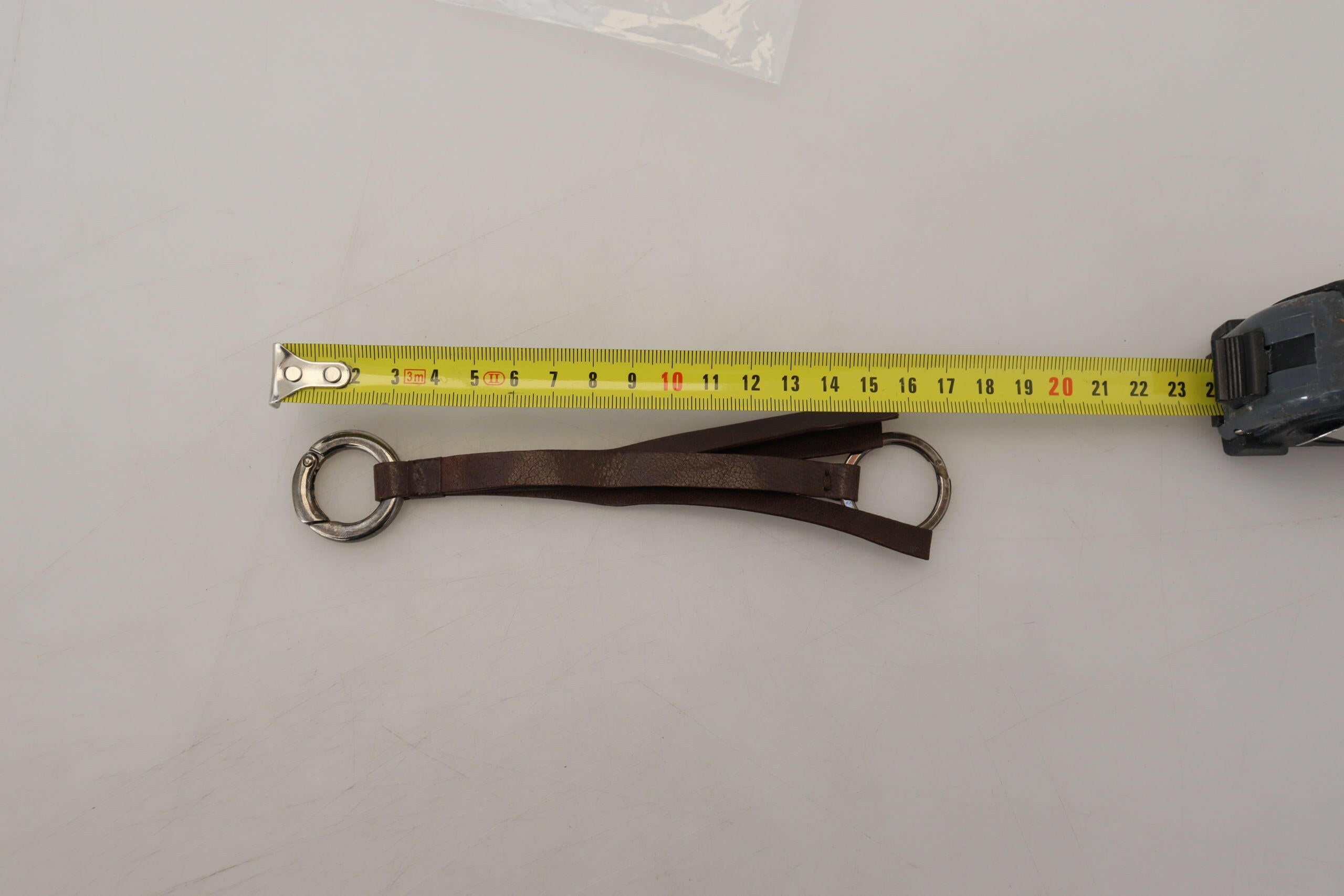 Costume National Brown Leather Silver Tone Metal Keyring Keychain.