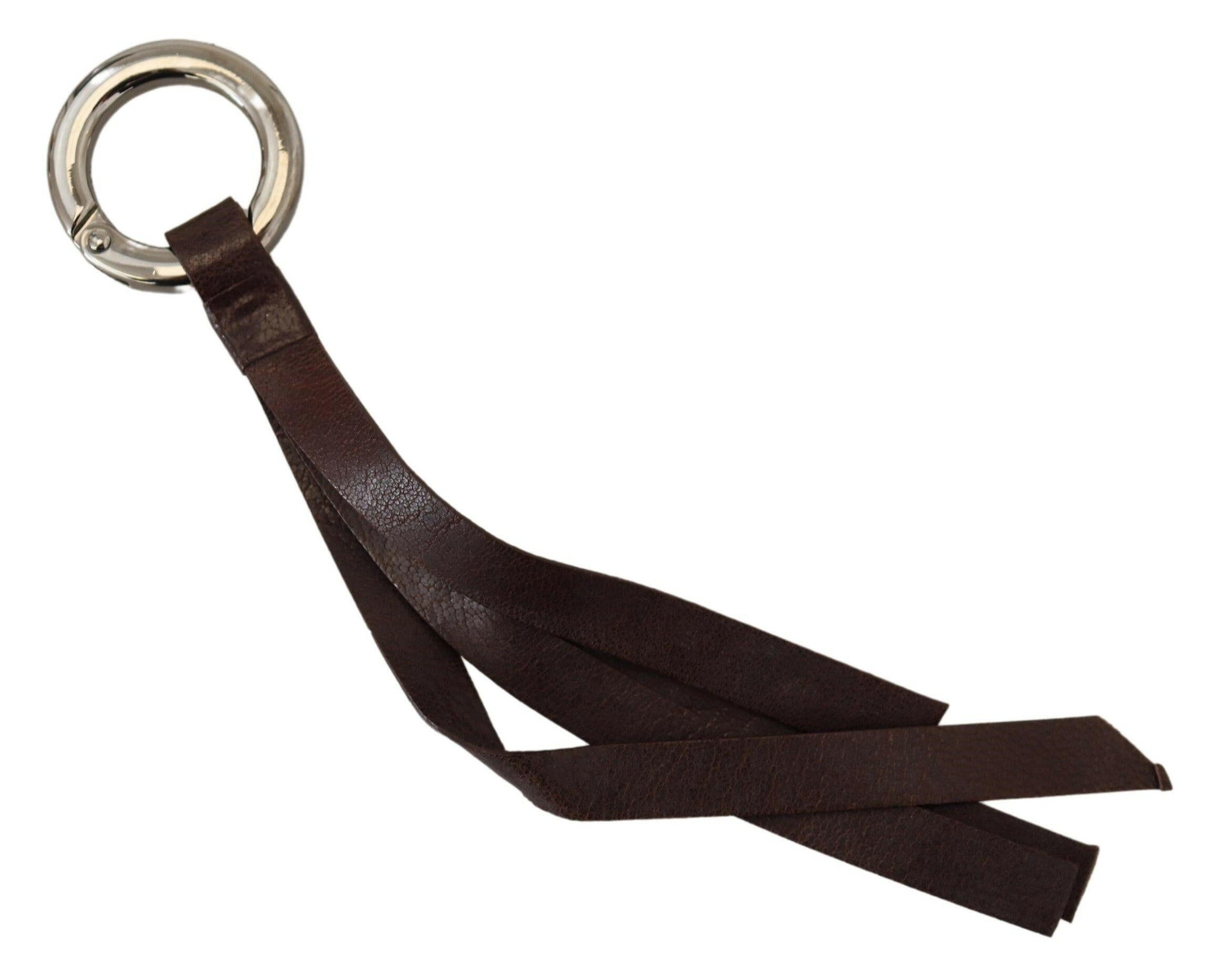 Costume National Brown Leather Silver Tone Metal Keyring Keychain.