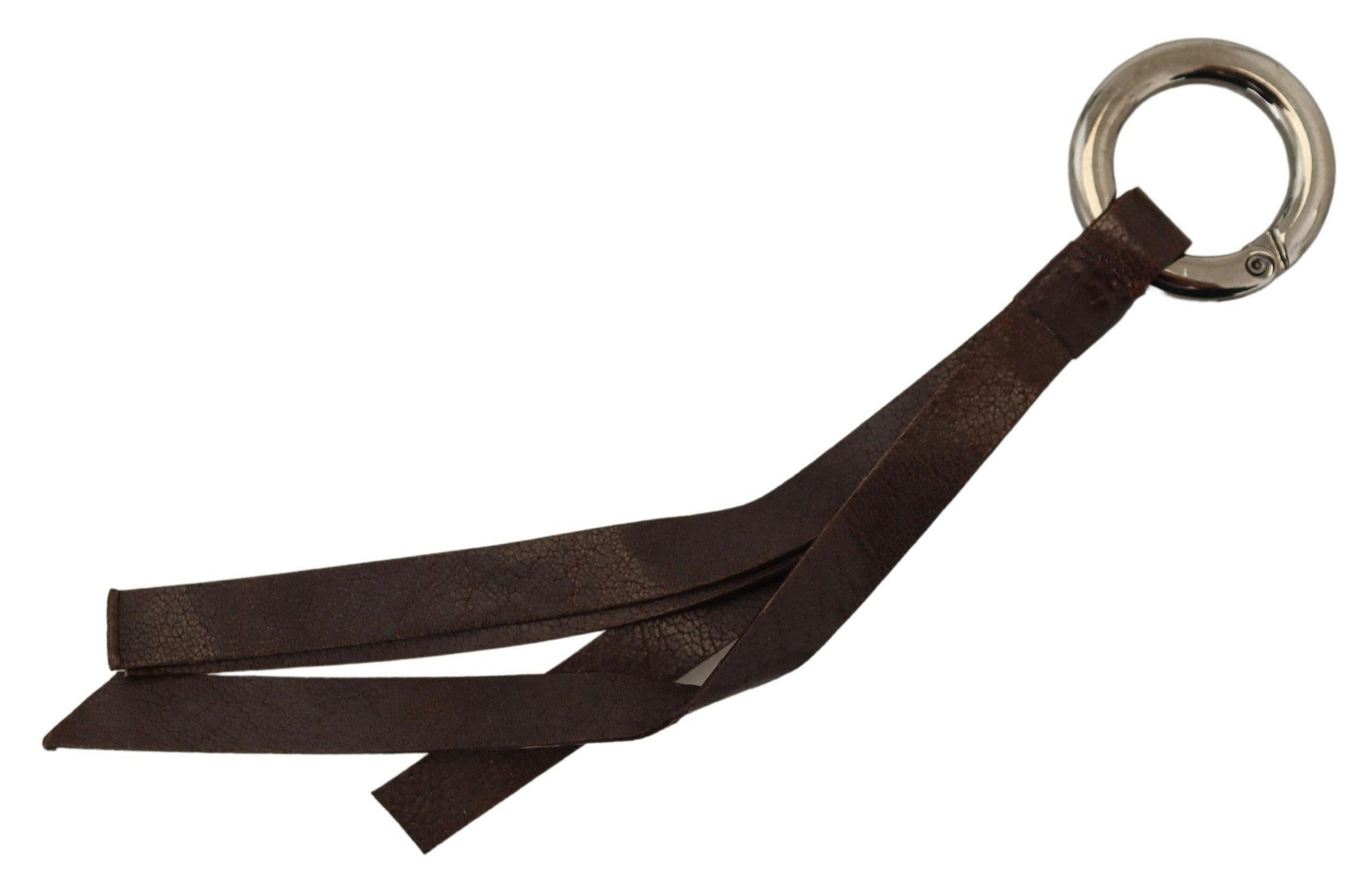Costume National Brown Leather Silver Tone Metal Keyring Keychain.