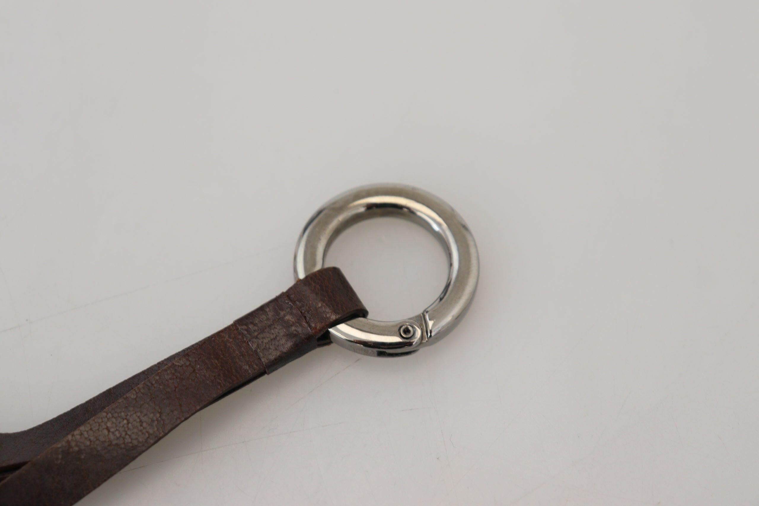 Costume National Brown Leather Silver Tone Metal Keyring Keychain.