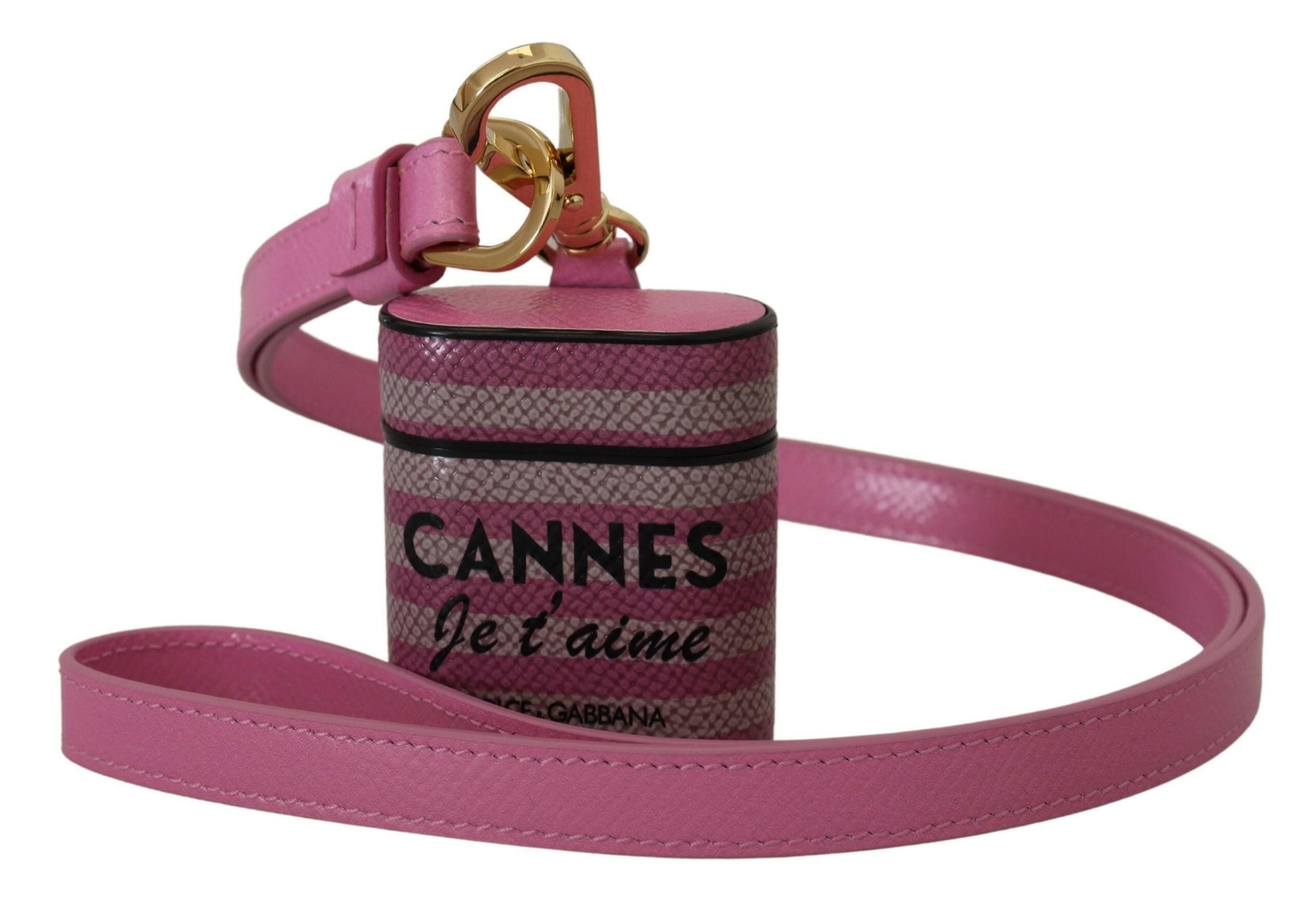 Dolce & Gabbana Pink Black Leather Strap Gold Metal Logo Airpods Case.