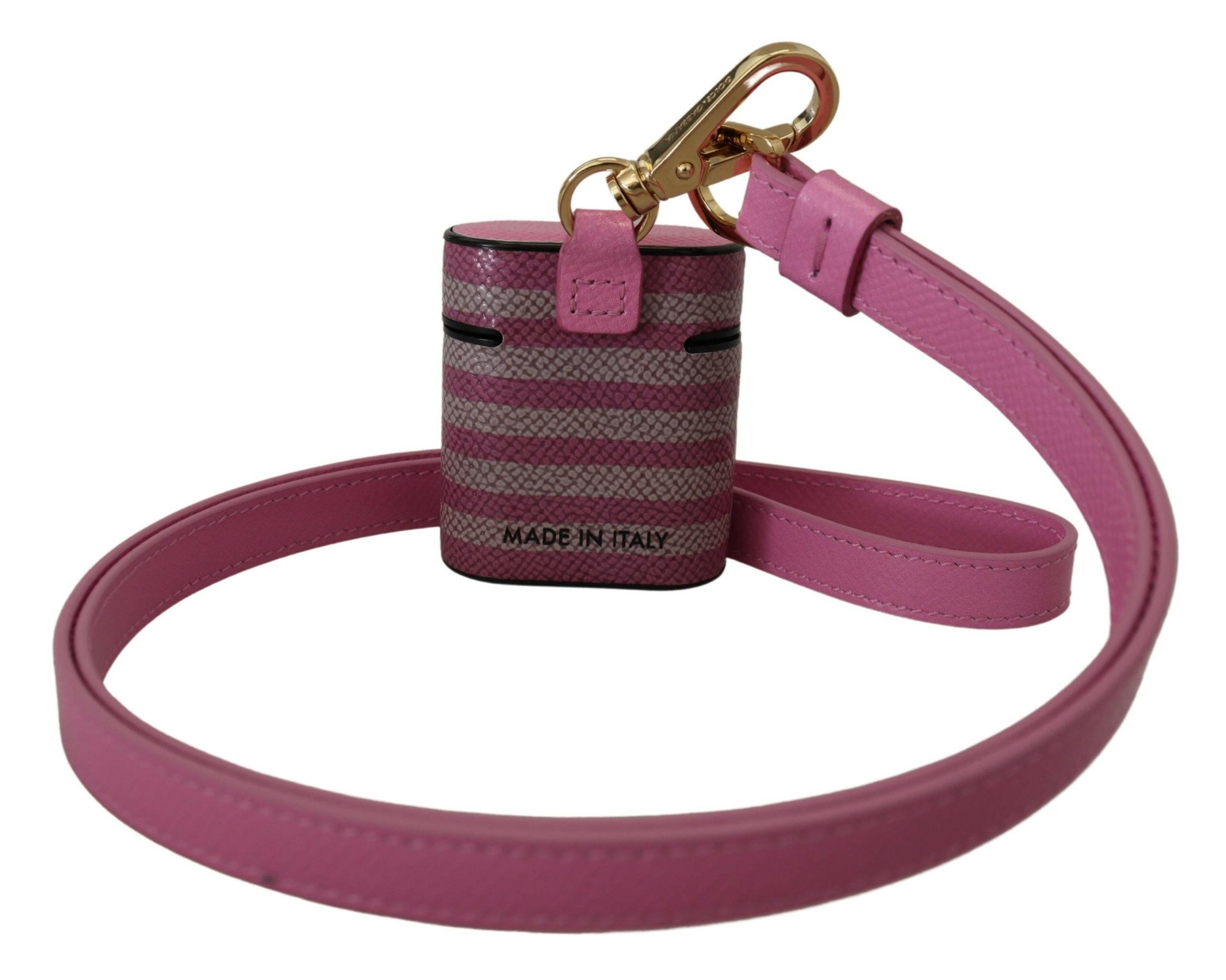 Dolce & Gabbana Pink Black Leather Strap Gold Metal Logo Airpods Case.