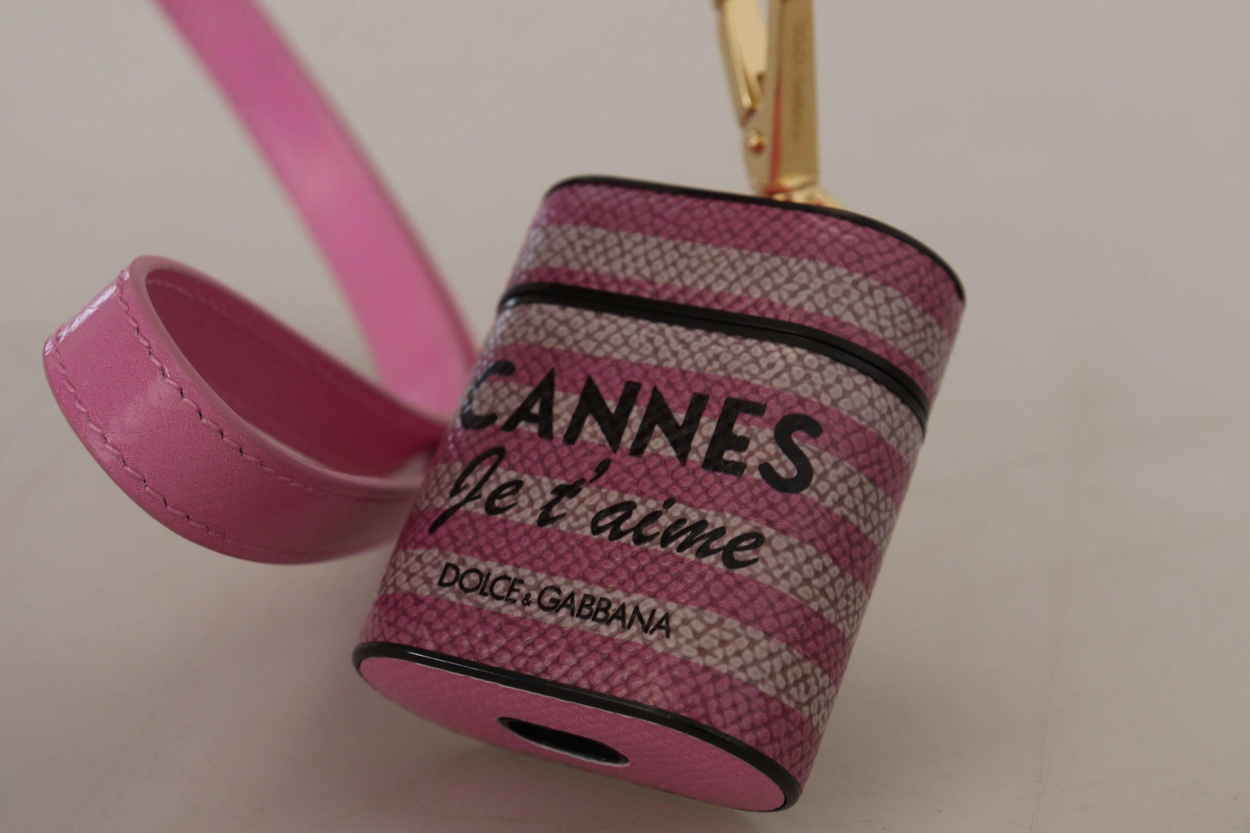 Dolce & Gabbana Pink Black Leather Strap Gold Metal Logo Airpods Case.