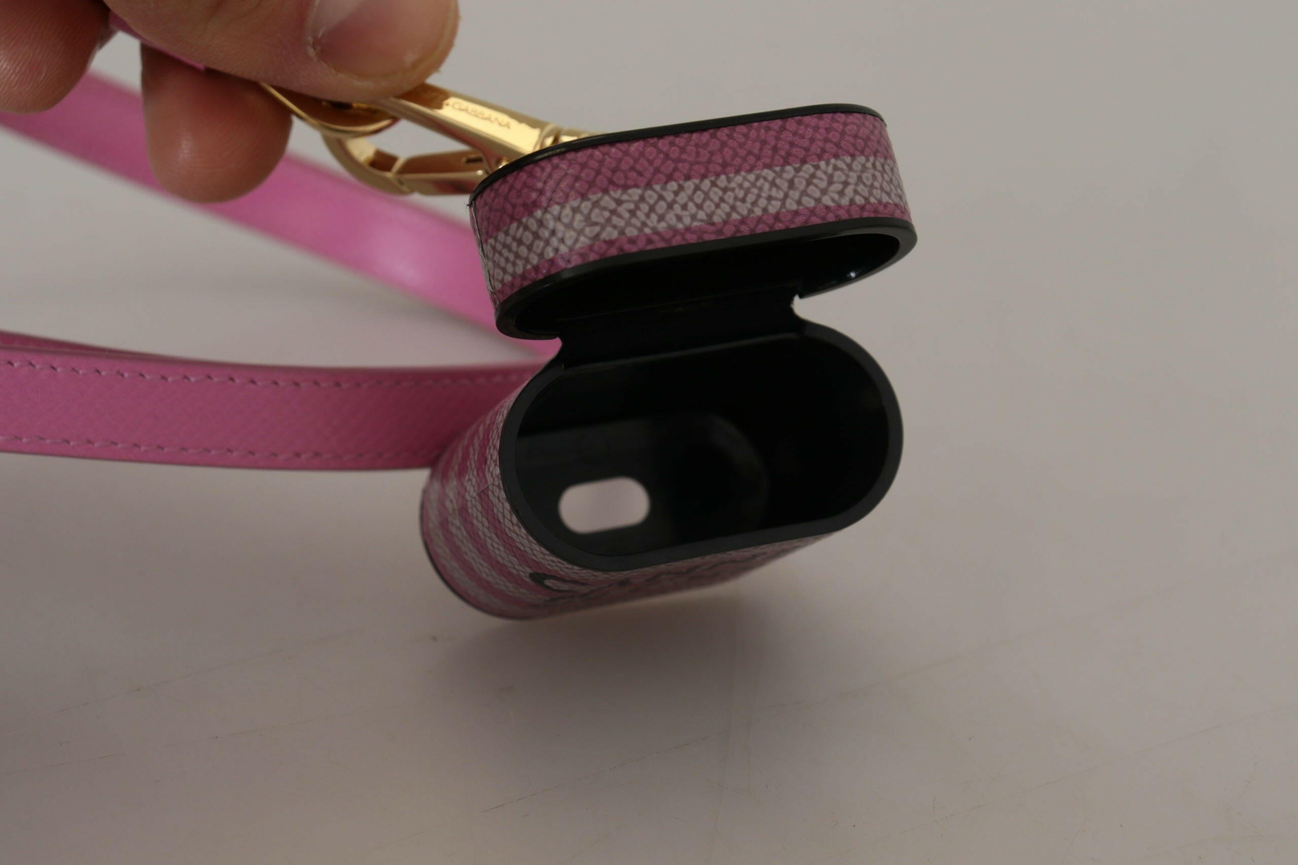 Dolce & Gabbana Pink Black Leather Strap Gold Metal Logo Airpods Case.