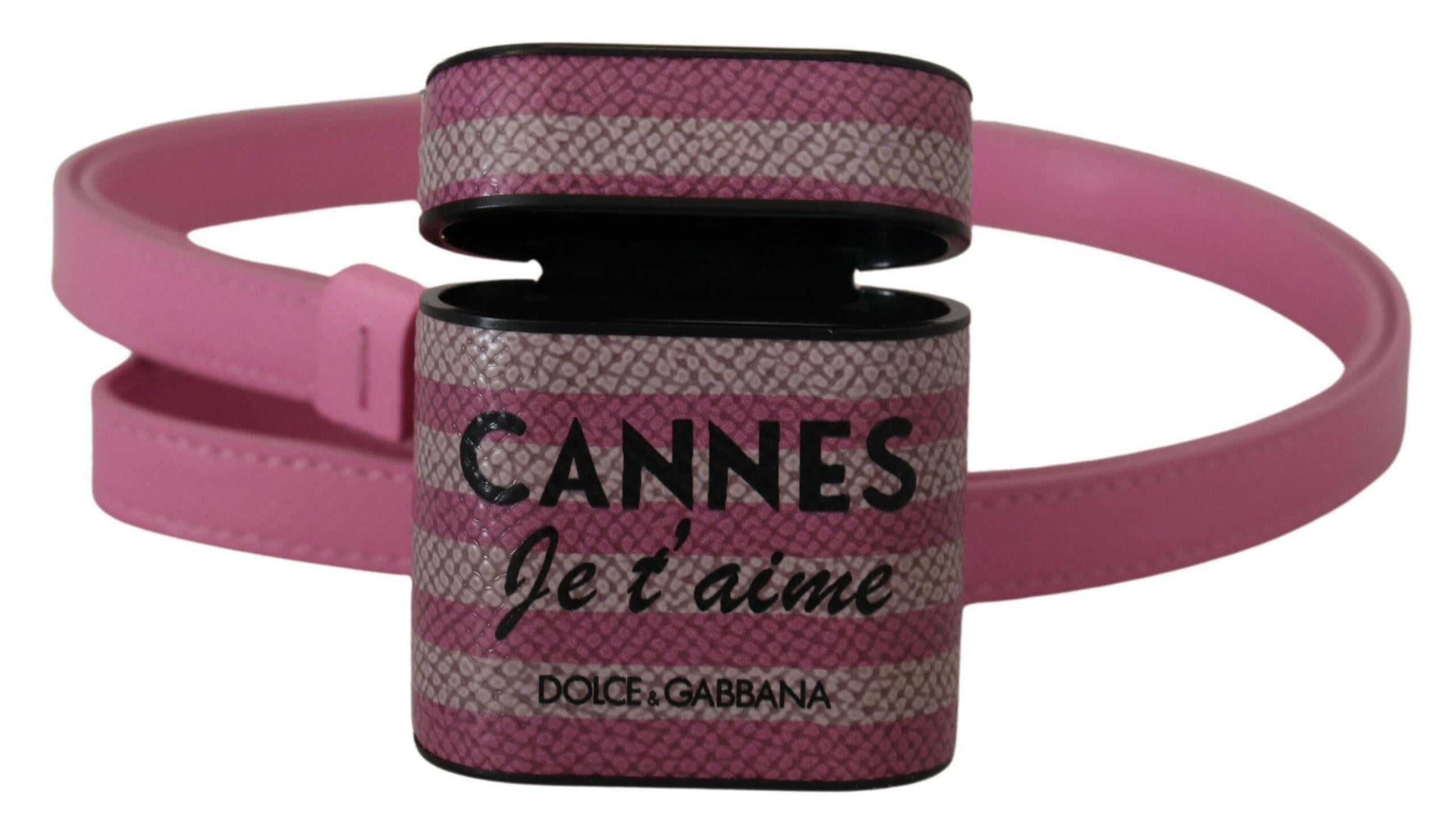 Dolce & Gabbana Pink Black Leather Strap Gold Metal Logo Airpods Case.