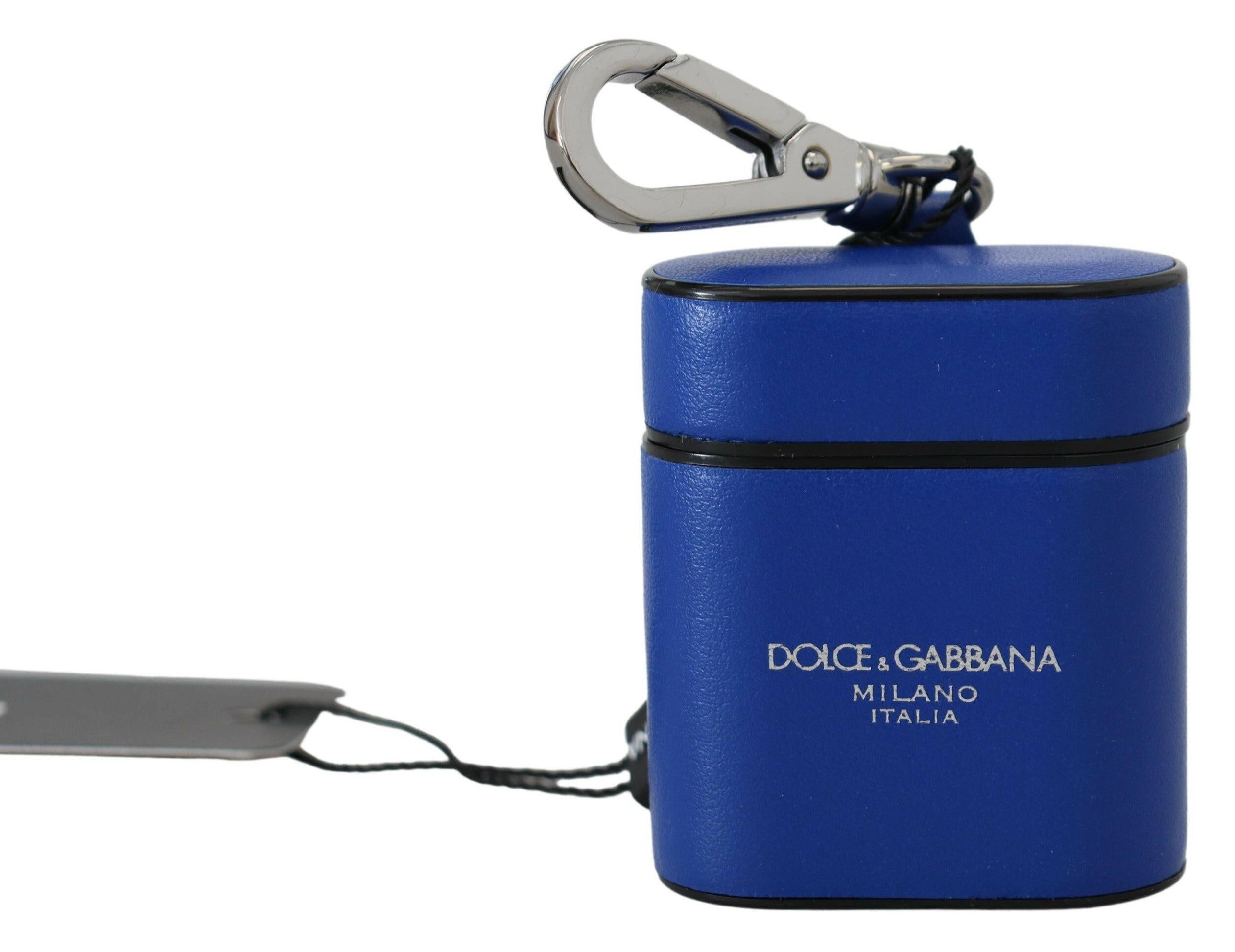 Dolce & Gabbana Blue Leather Silver Metal Logo Airpods Case.