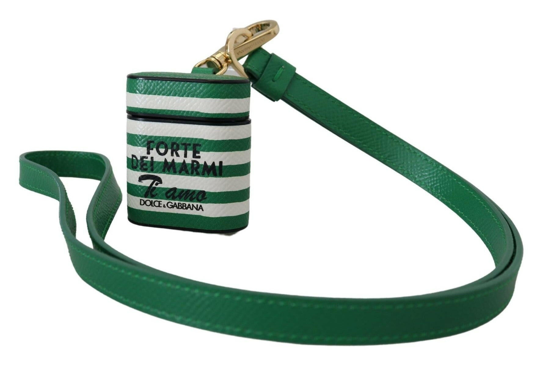 Dolce & Gabbana Green Leather Strap Gold Metal Logo Airpods Case.