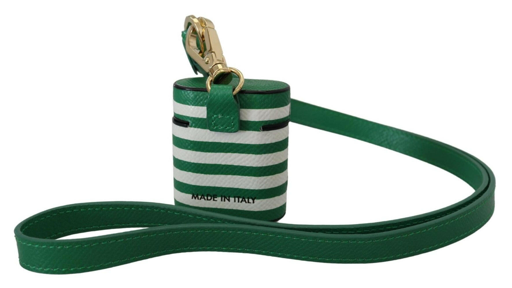 Dolce & Gabbana Green Leather Strap Gold Metal Logo Airpods Case.