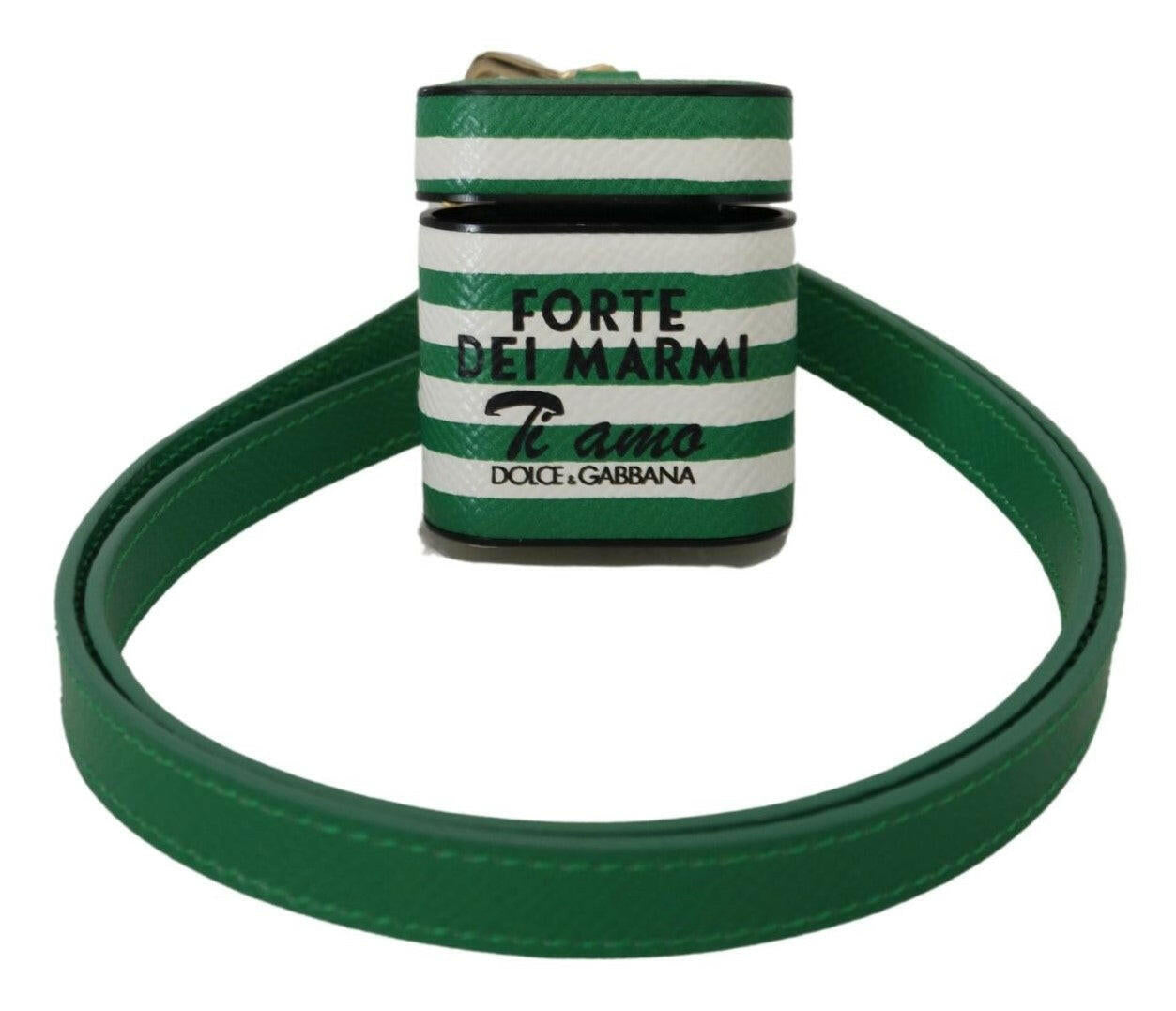 Dolce & Gabbana Green Leather Strap Gold Metal Logo Airpods Case.