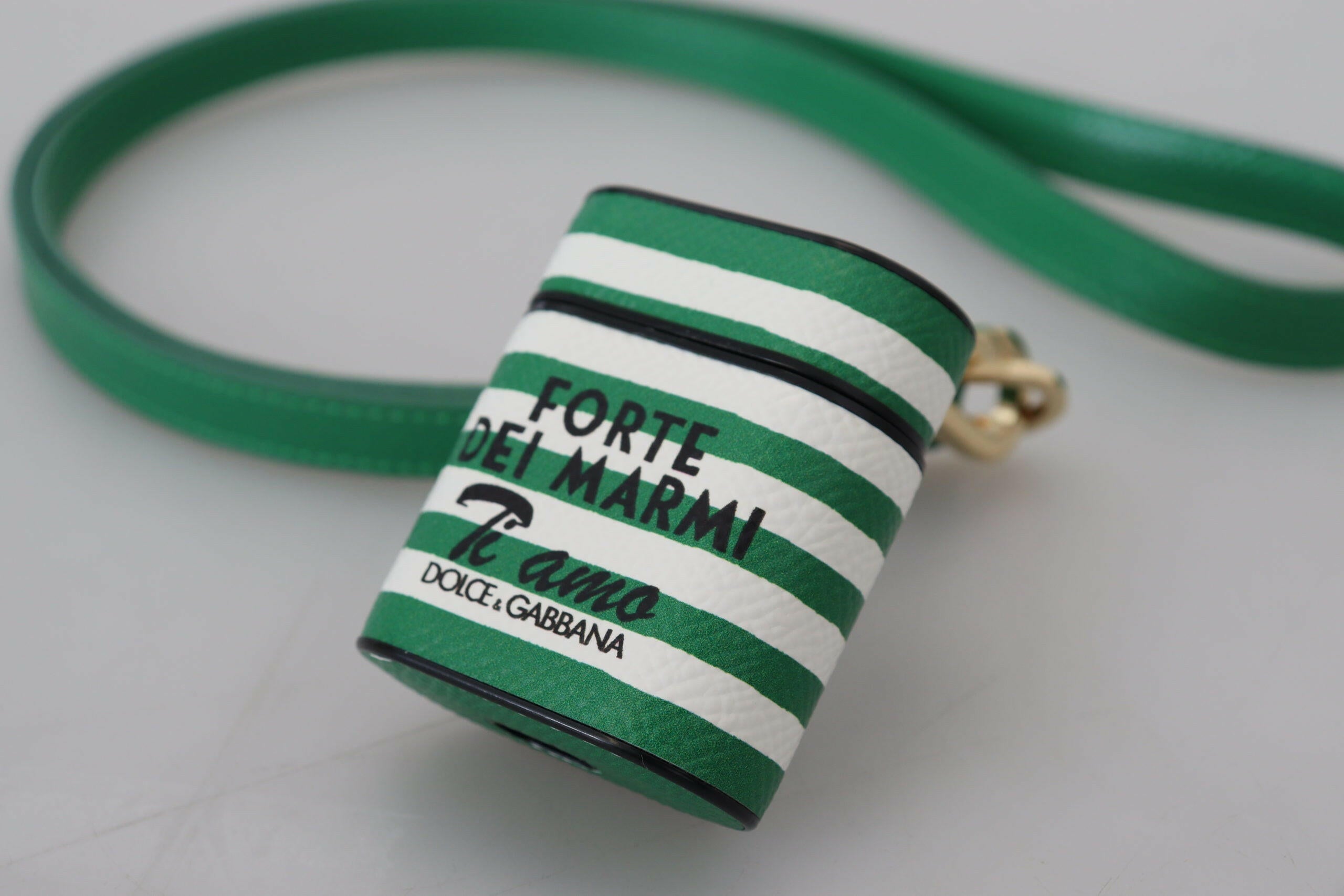 Dolce & Gabbana Green Leather Strap Gold Metal Logo Airpods Case.