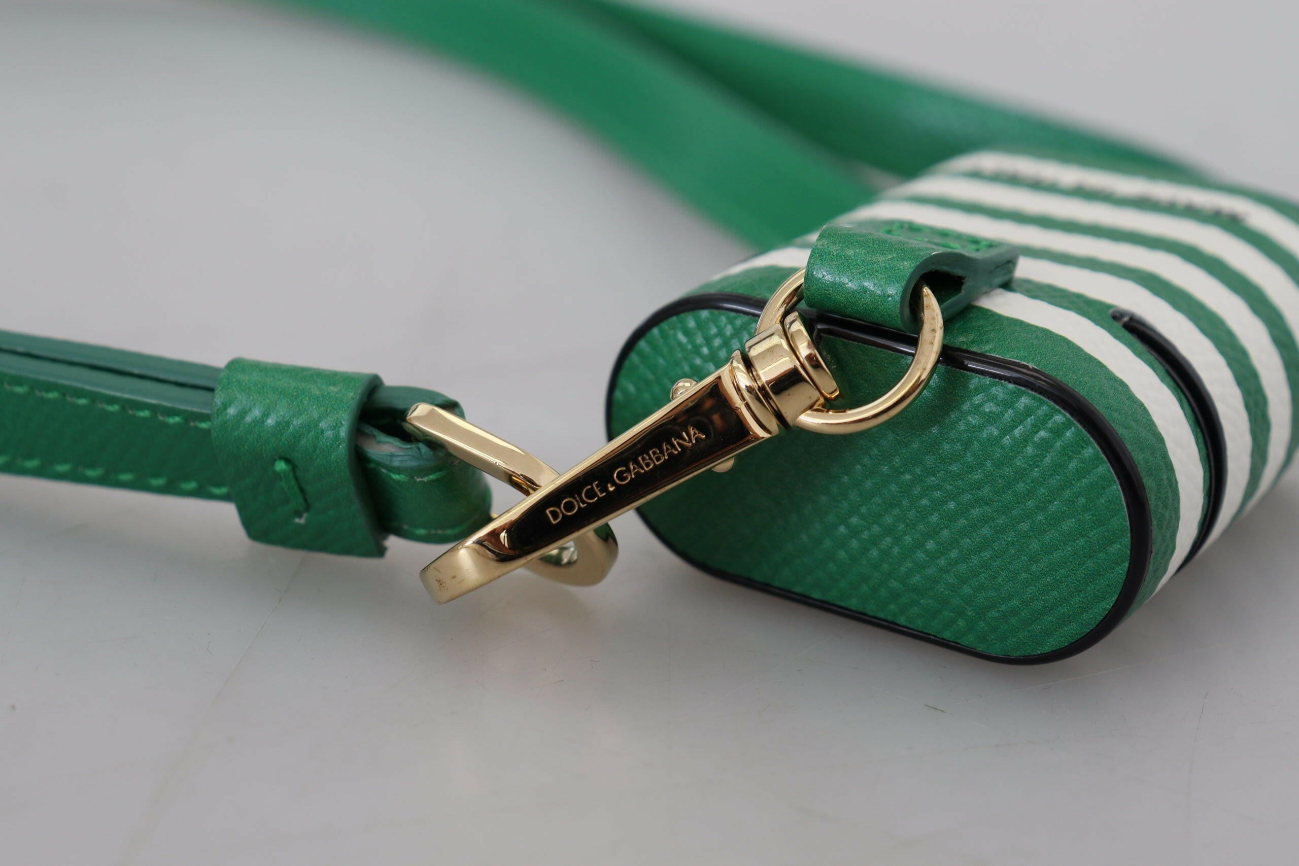 Dolce & Gabbana Green Leather Strap Gold Metal Logo Airpods Case.