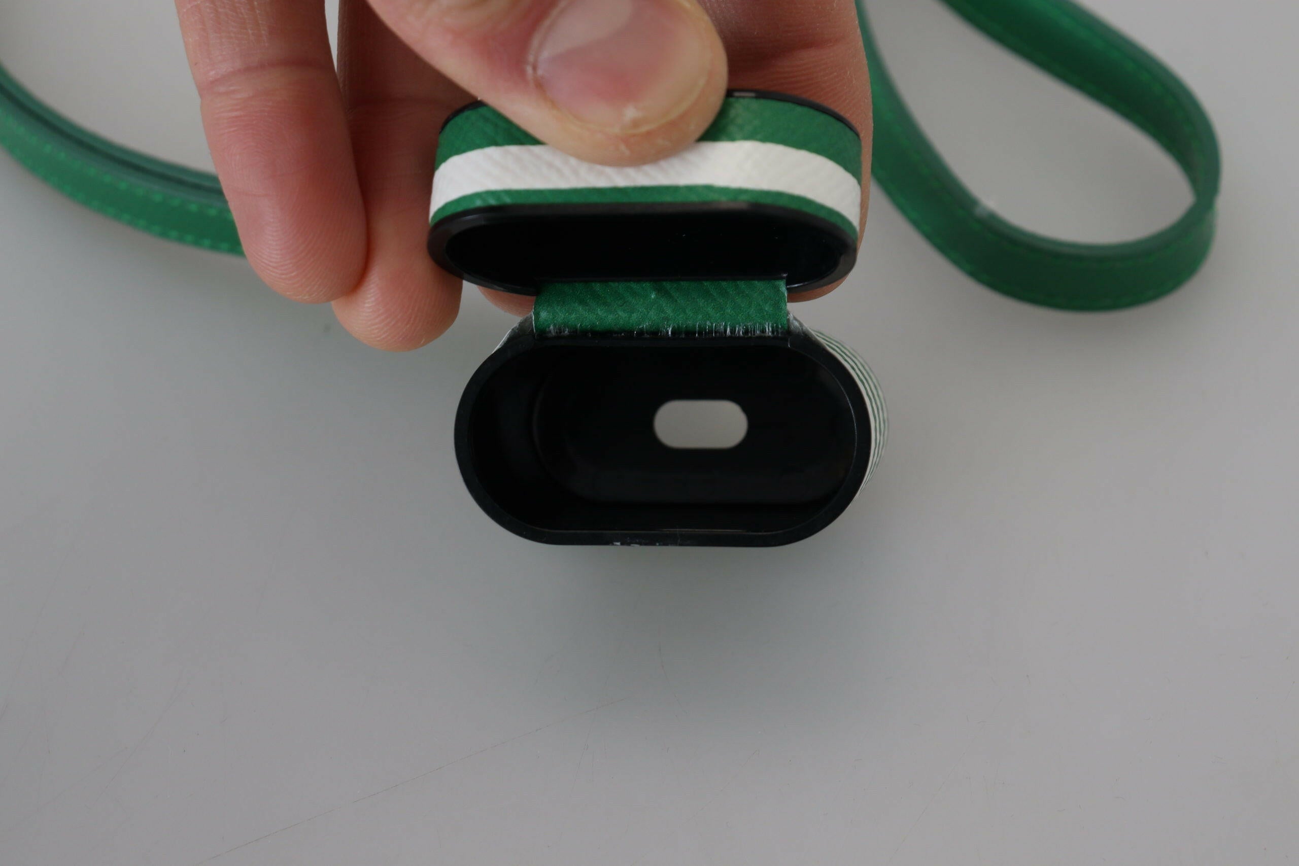 Dolce & Gabbana Green Leather Strap Gold Metal Logo Airpods Case.