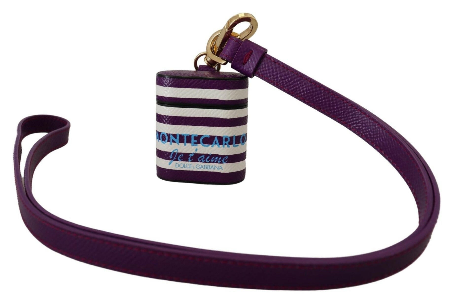 Dolce & Gabbana Purple Leather Strap Gold Metal Logo Airpods Case.