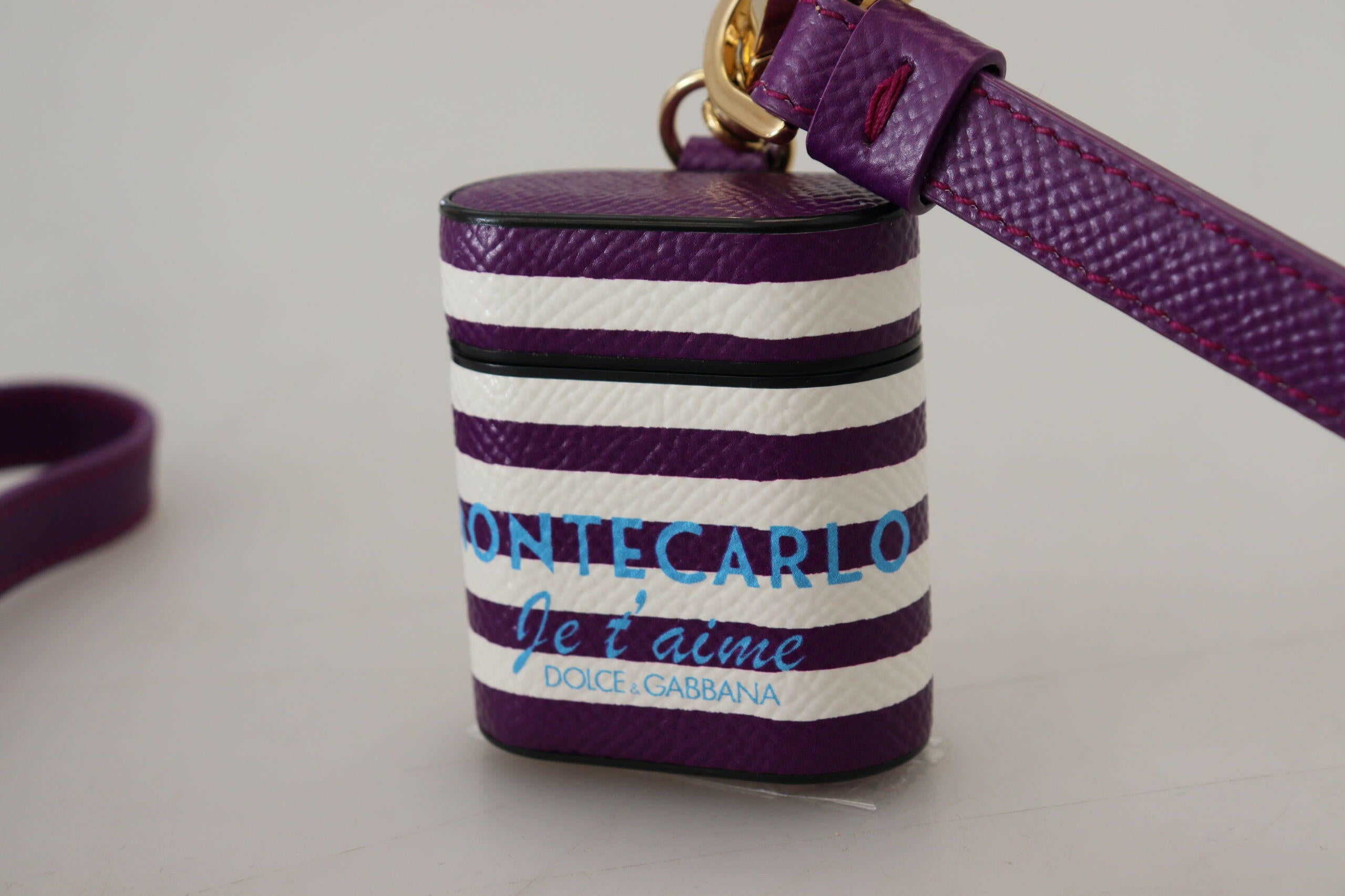 Dolce & Gabbana Purple Leather Strap Gold Metal Logo Airpods Case.