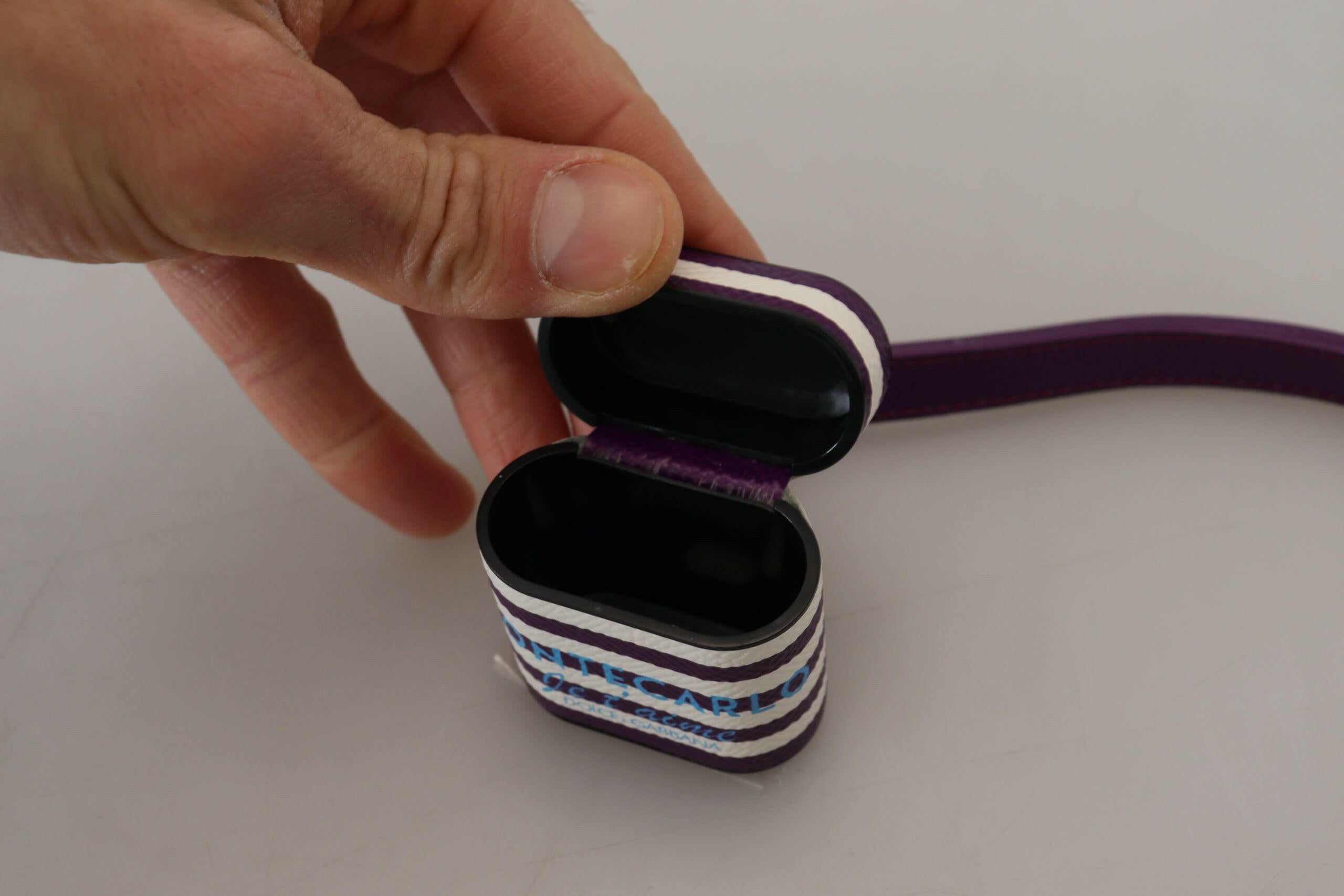 Dolce & Gabbana Purple Leather Strap Gold Metal Logo Airpods Case.