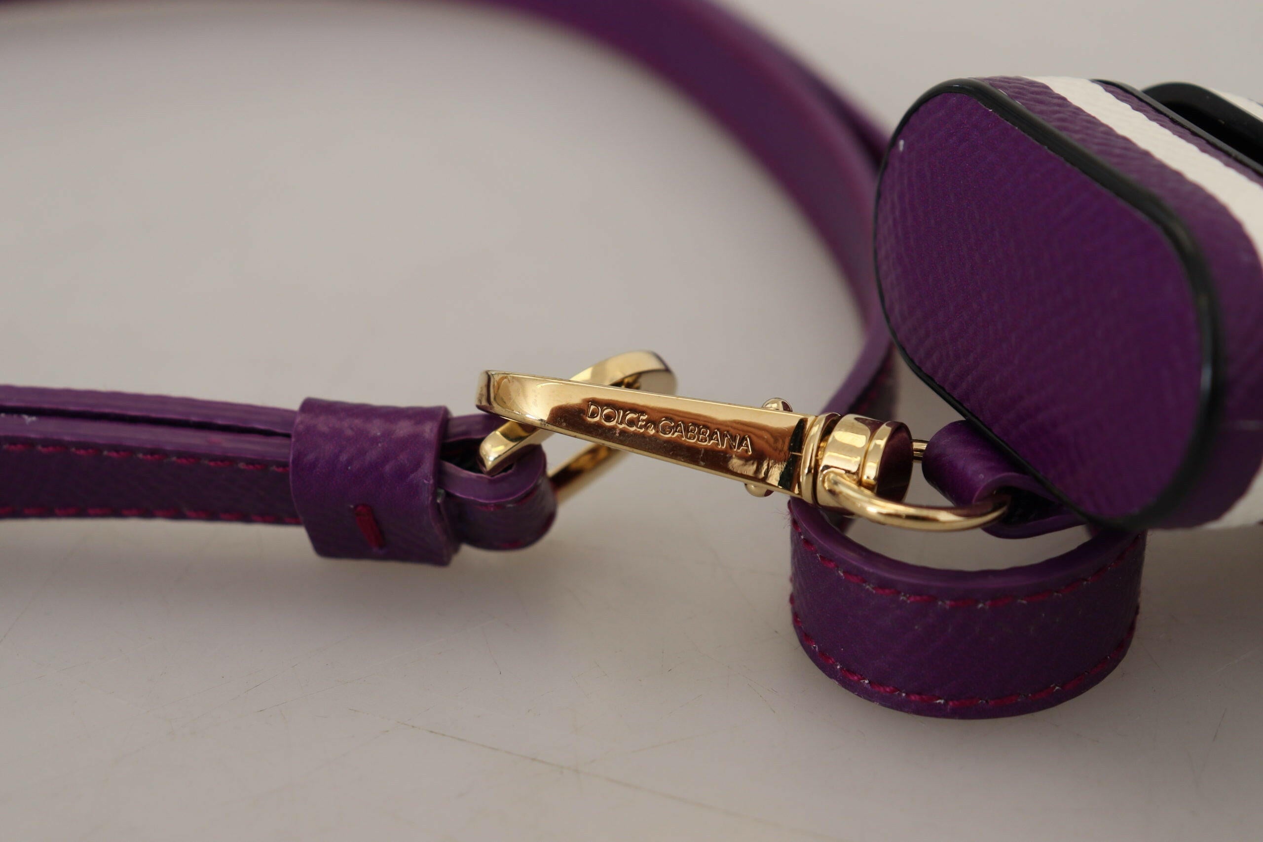 Dolce & Gabbana Purple Leather Strap Gold Metal Logo Airpods Case.