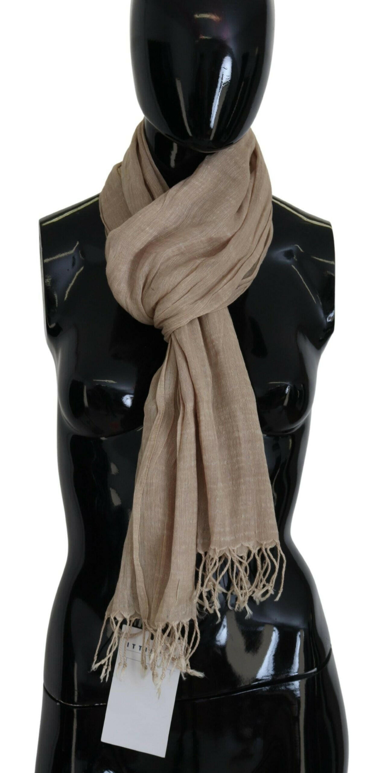 Costume National Beige Cotton Shawl Foulard Fringe Scarf.