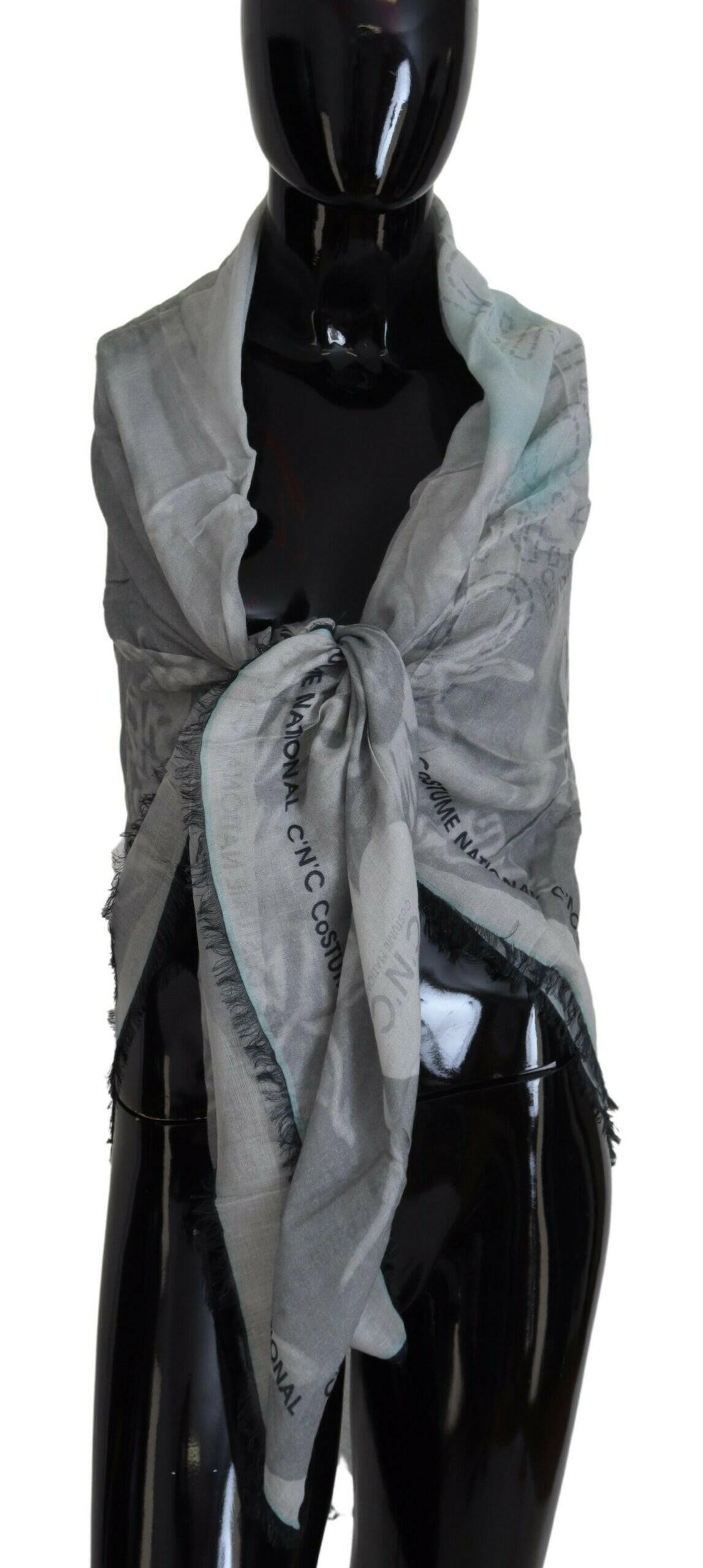 Costume National Gray Print Shawl Foulard Fringes Scarf.