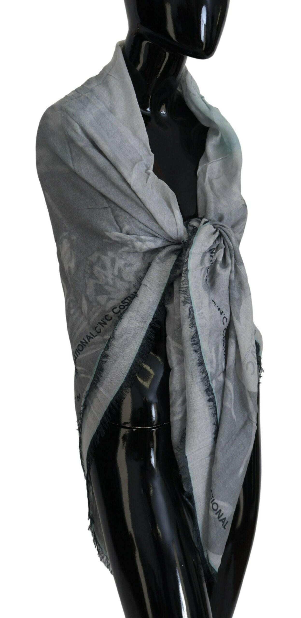 Costume National Gray Print Shawl Foulard Fringes Scarf.