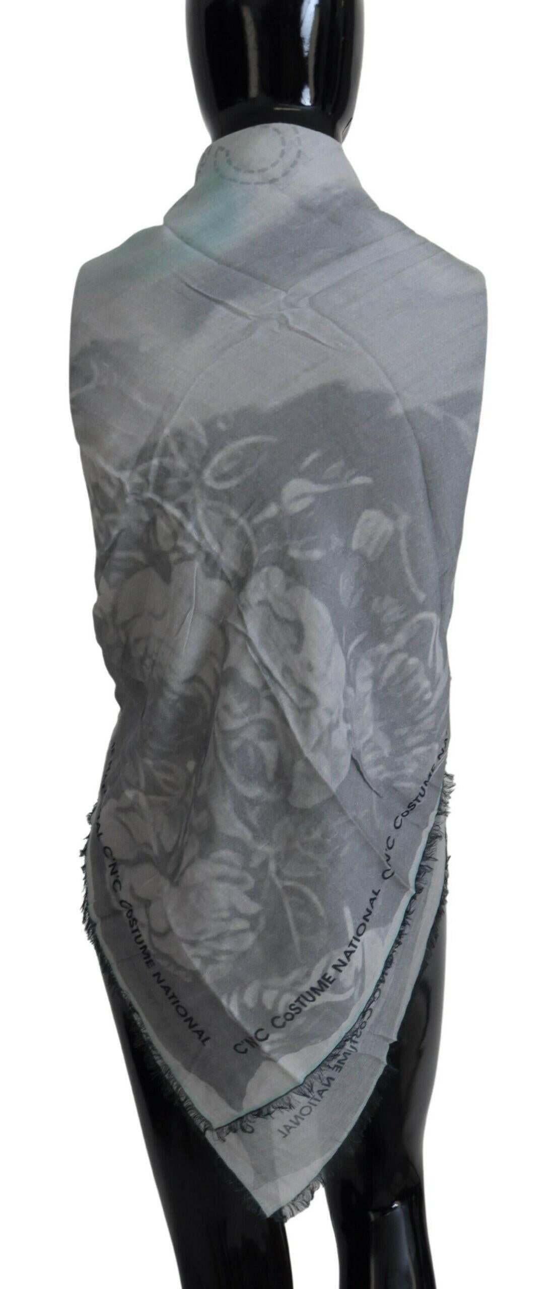 Costume National Gray Print Shawl Foulard Fringes Scarf.