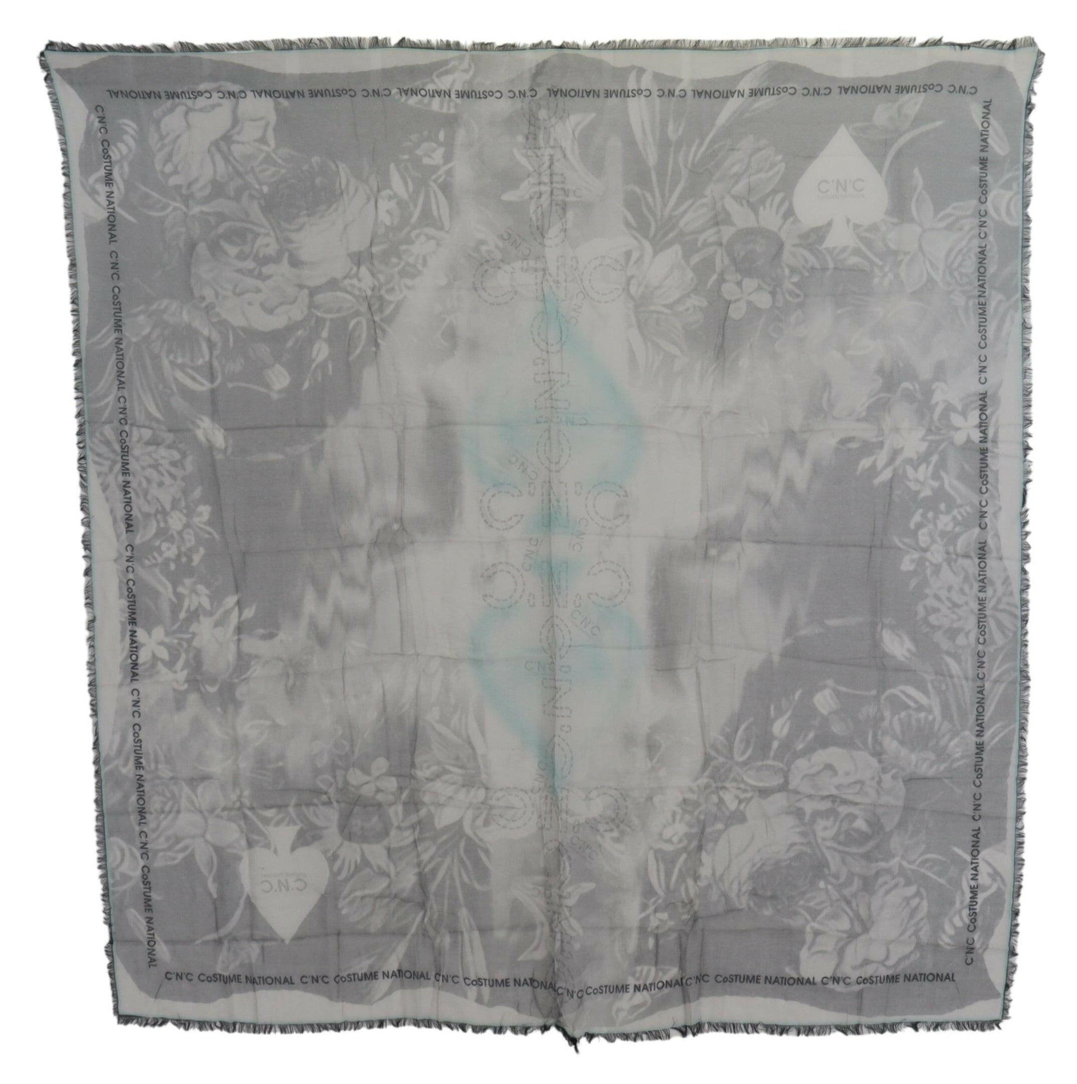 Costume National Gray Print Shawl Foulard Fringes Scarf.