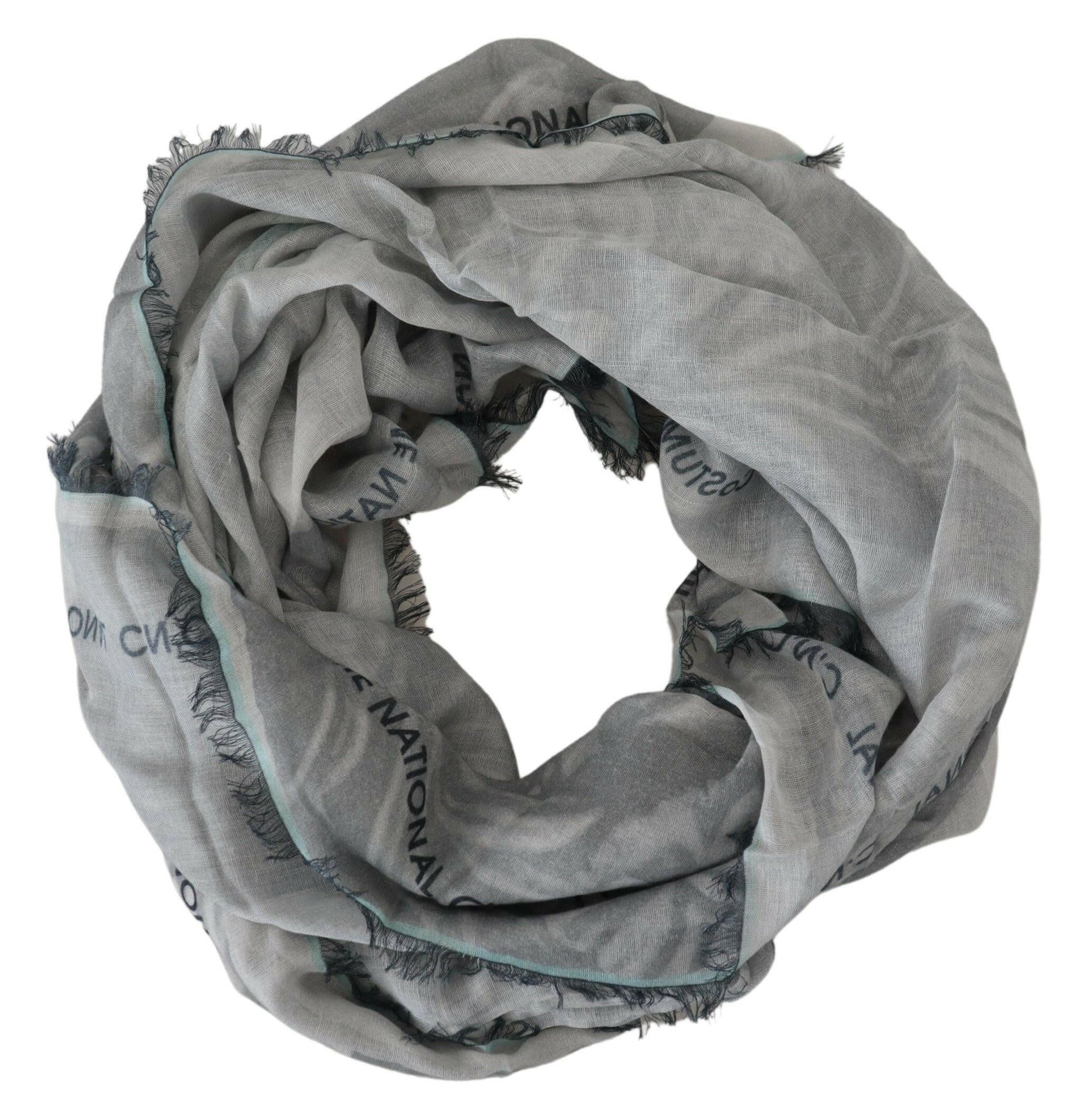 Costume National Gray Print Shawl Foulard Fringes Scarf.