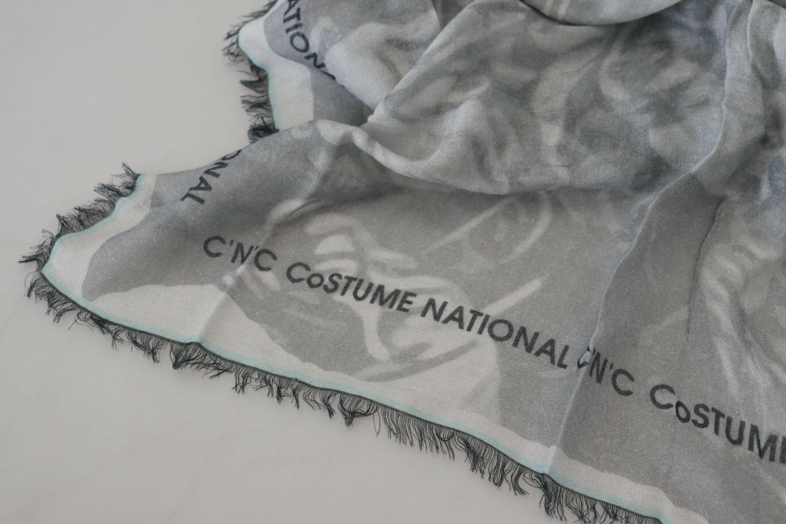 Costume National Gray Print Shawl Foulard Fringes Scarf.