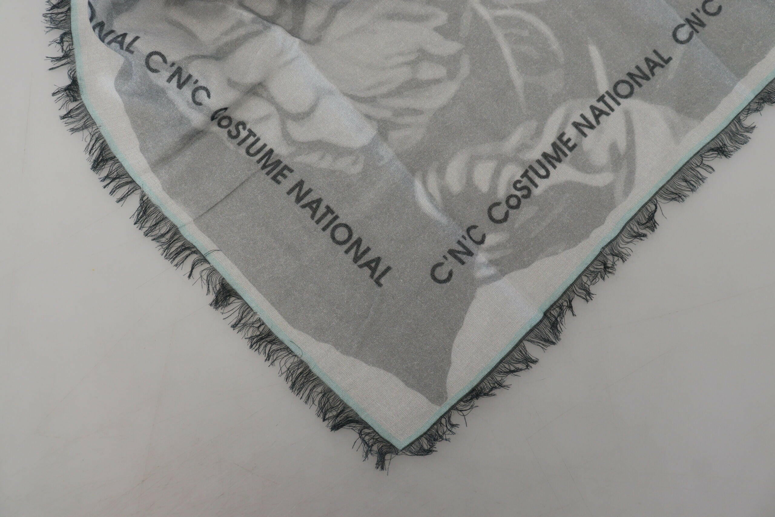 Costume National Gray Print Shawl Foulard Fringes Scarf.