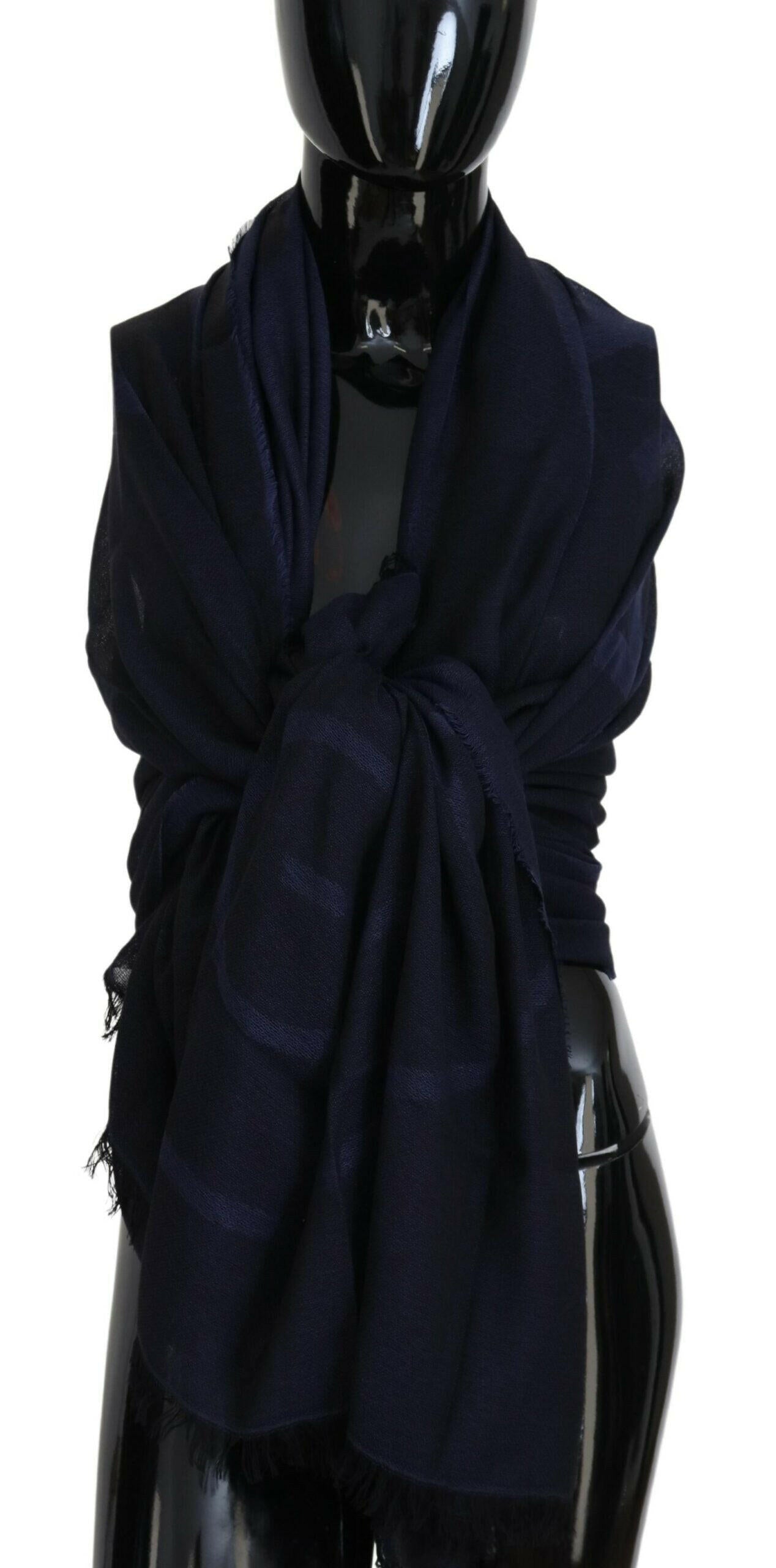 GF Ferre Dark Blue Wool Neck Wrap Shawl Fringes Scarf.