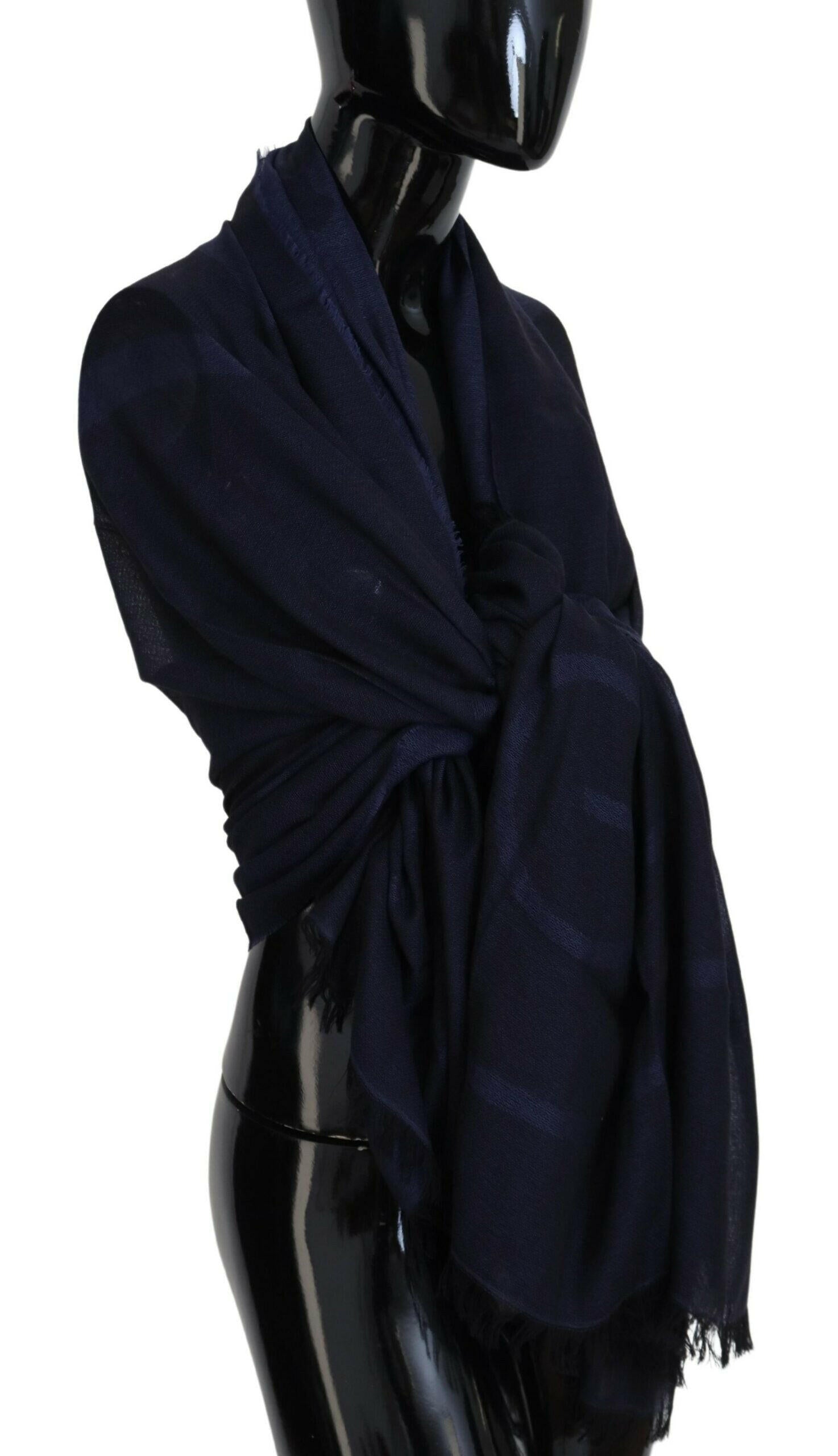 GF Ferre Dark Blue Wool Neck Wrap Shawl Fringes Scarf.