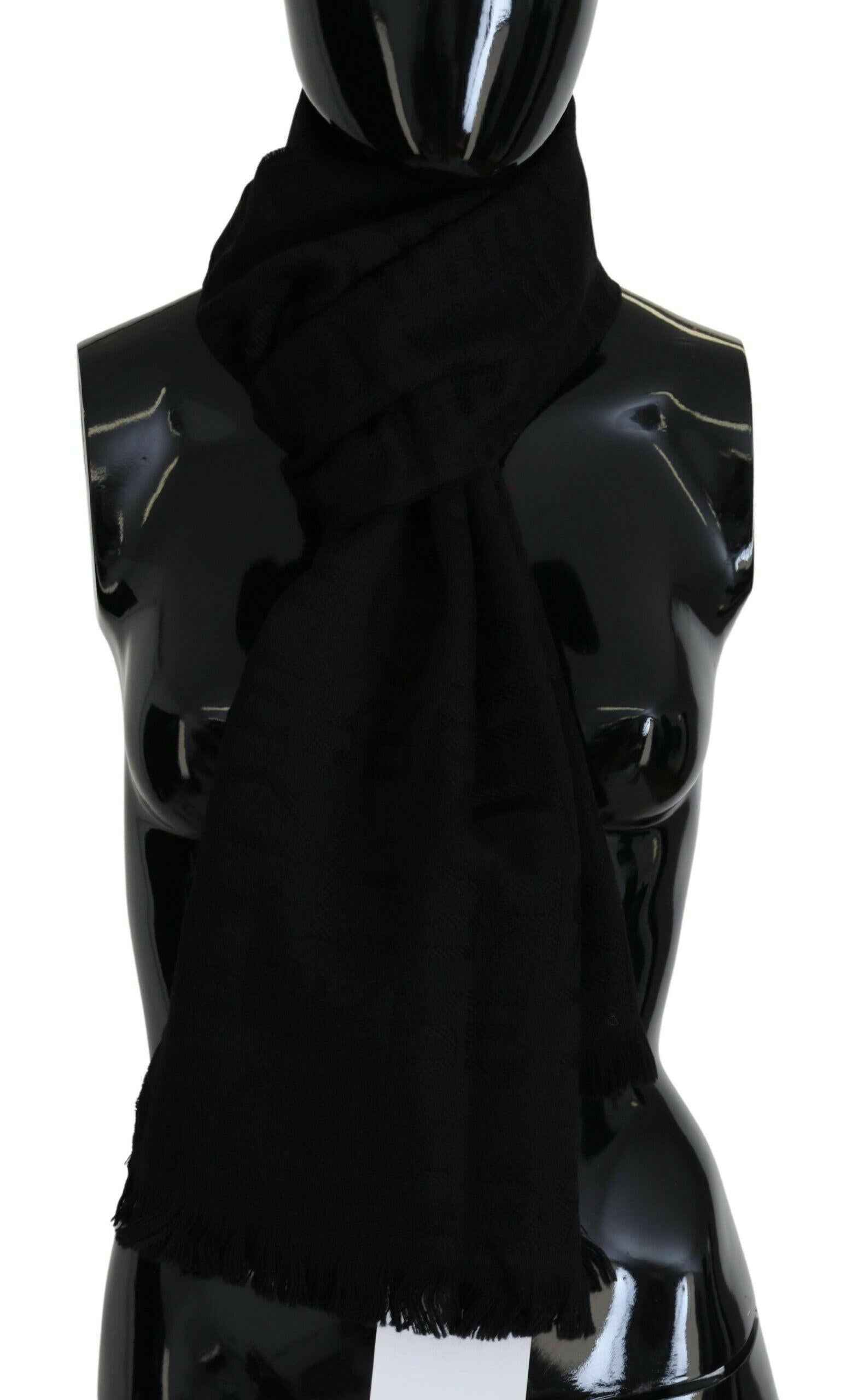 GF Ferre Black Wool Neck Wrap Shawl Fringes Scarf.