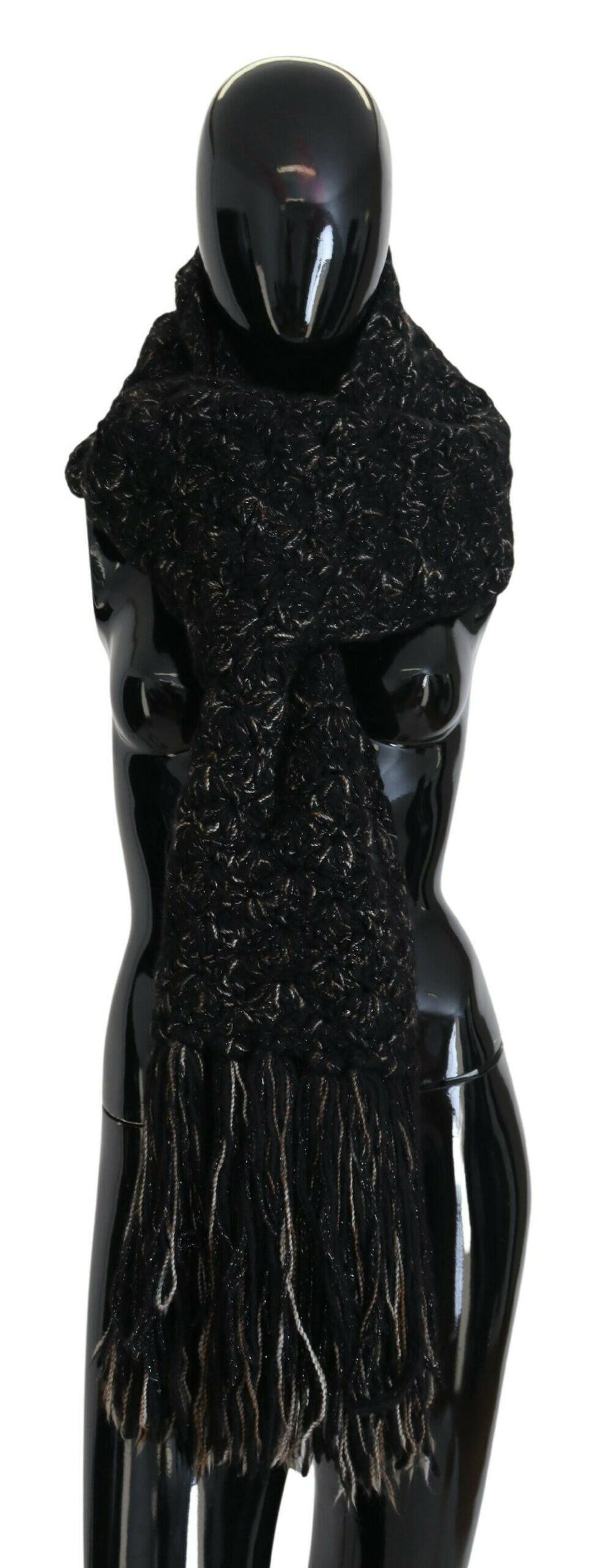 Dolce & Gabbana Black Wool Knitted Wrap Foulard Fringe Scarf.