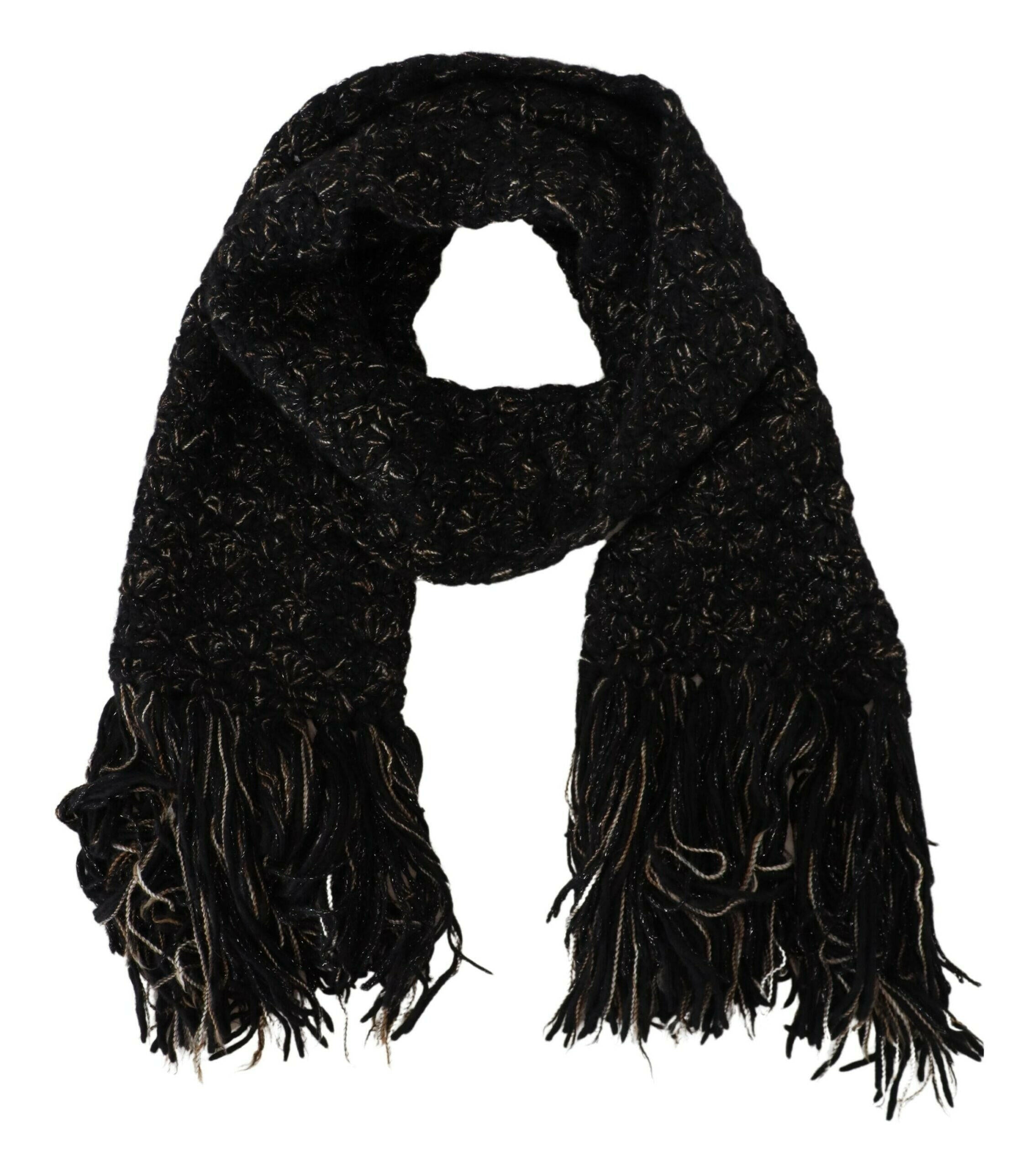 Dolce & Gabbana Black Wool Knitted Wrap Foulard Fringe Scarf.