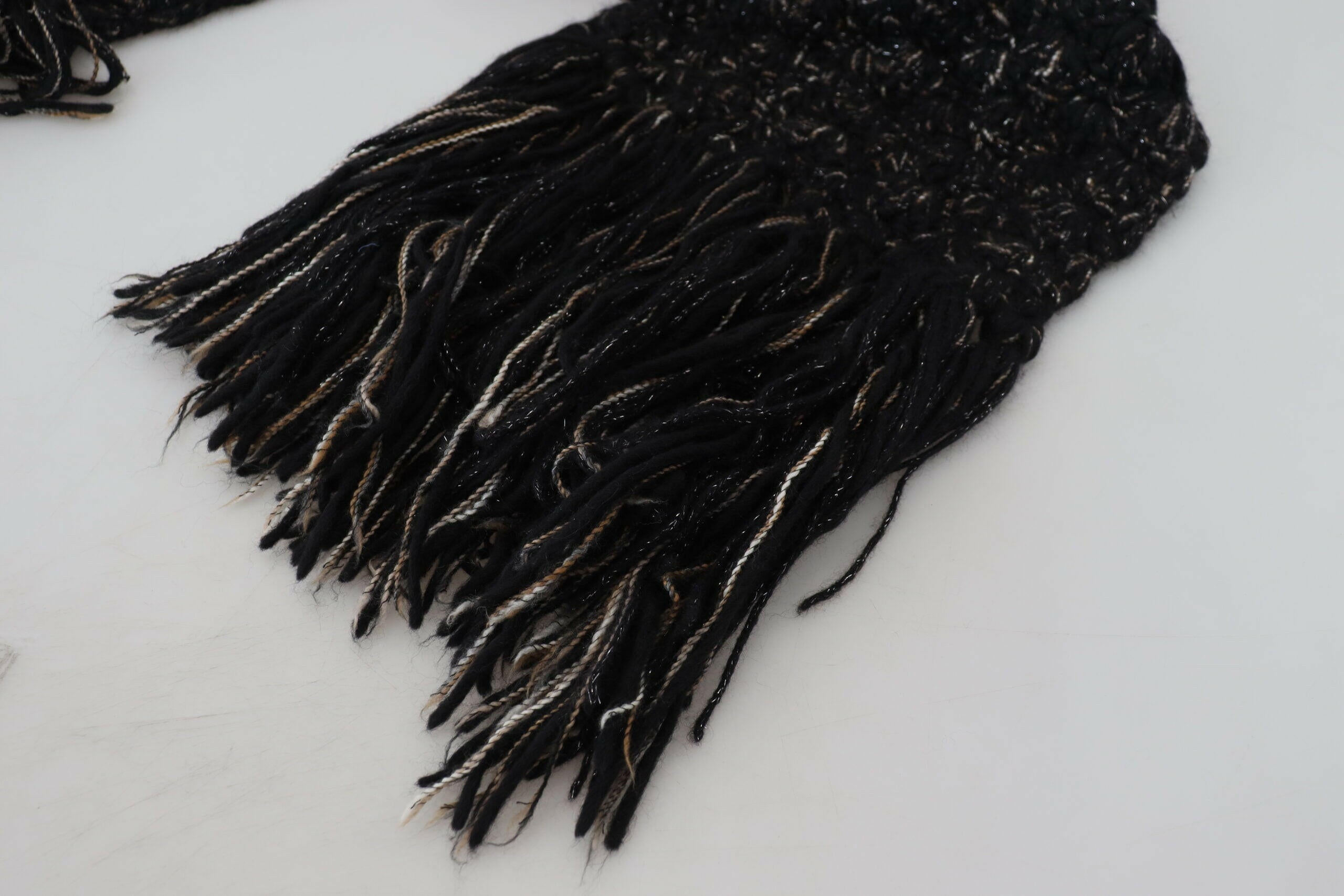 Dolce & Gabbana Black Wool Knitted Wrap Foulard Fringe Scarf.