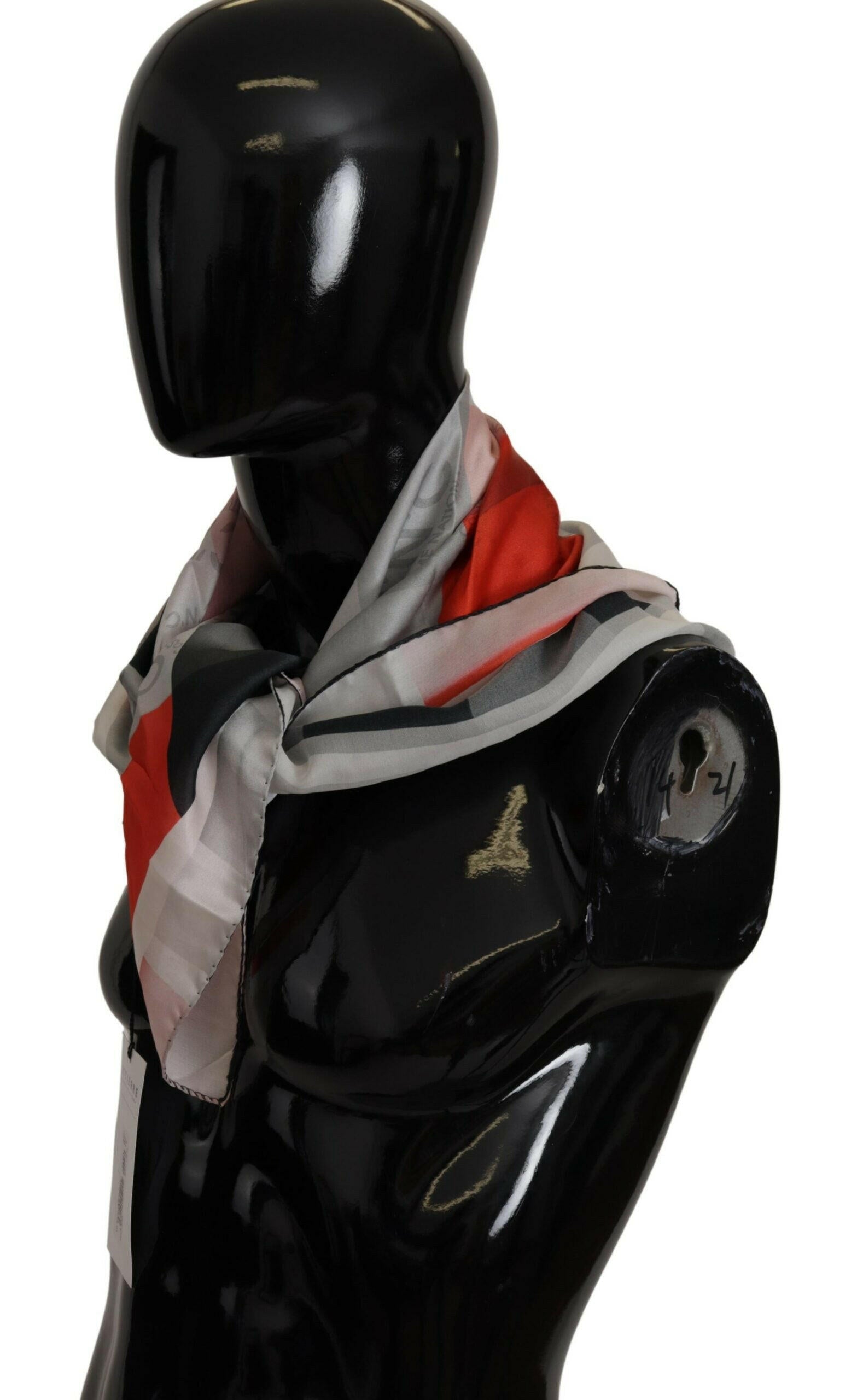Costume National Gray Red Silk Shawl Foulard Wrap Scarf.