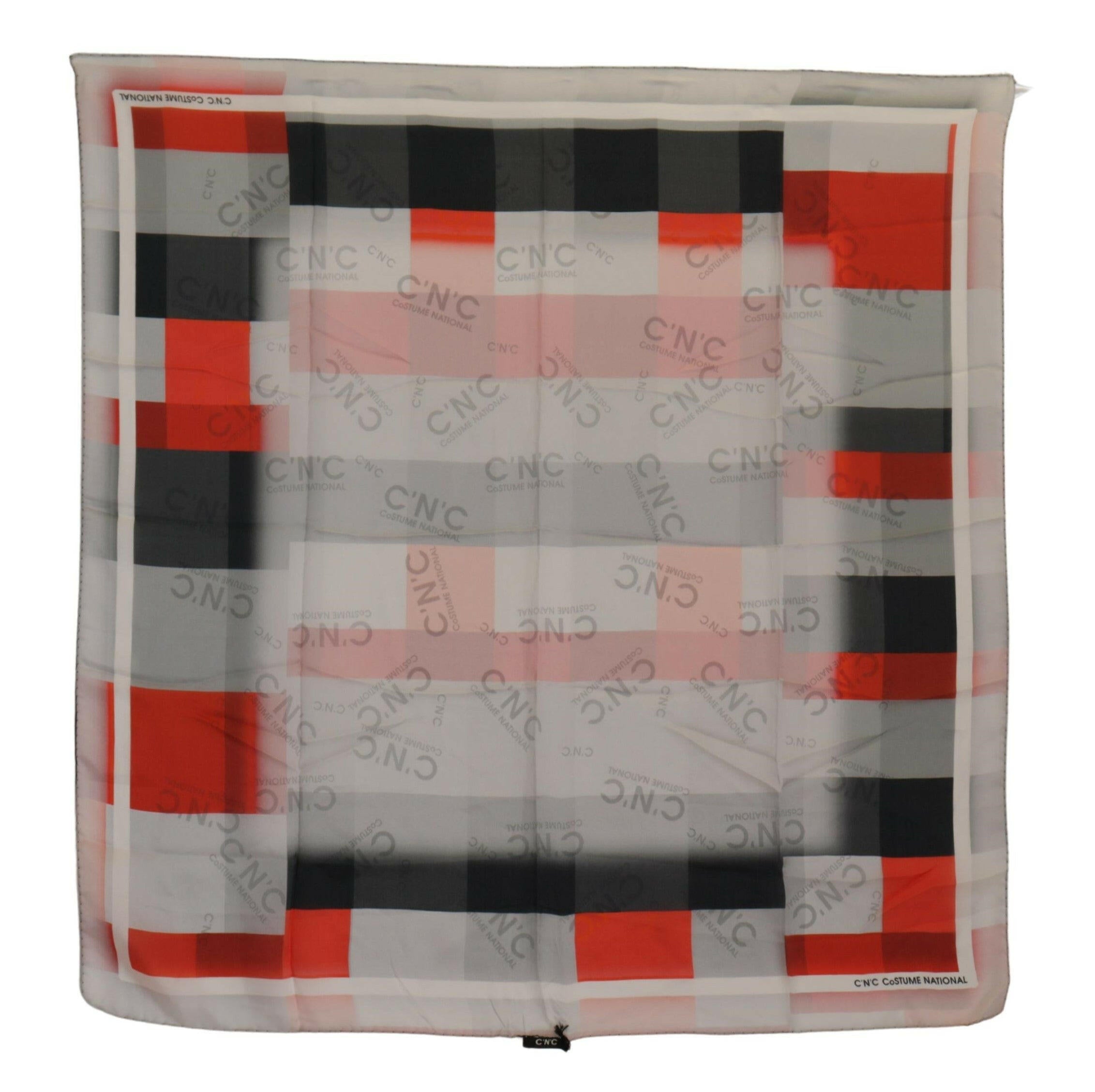 Costume National Gray Red Silk Shawl Foulard Wrap Scarf.