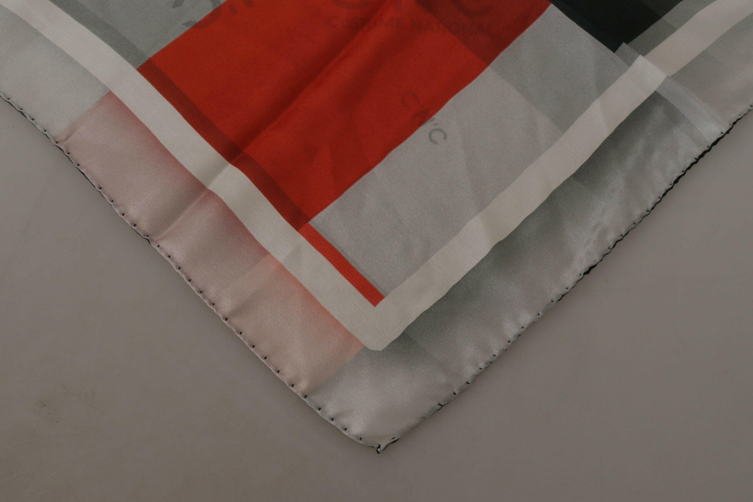 Costume National Gray Red Silk Shawl Foulard Wrap Scarf.