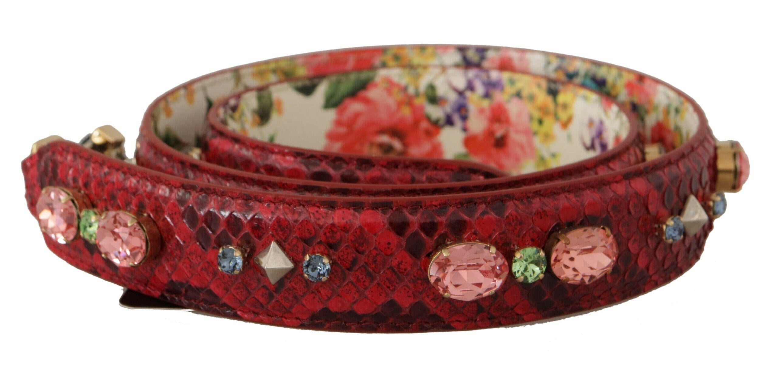Dolce & Gabbana Red Exotic Leather Crystals Reversible Shoulder Strap.