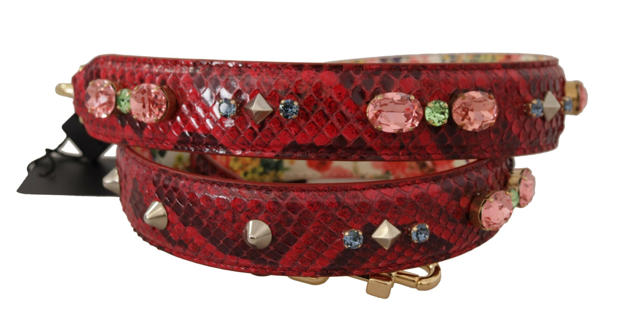 Dolce & Gabbana Red Exotic Leather Crystals Reversible Shoulder Strap.