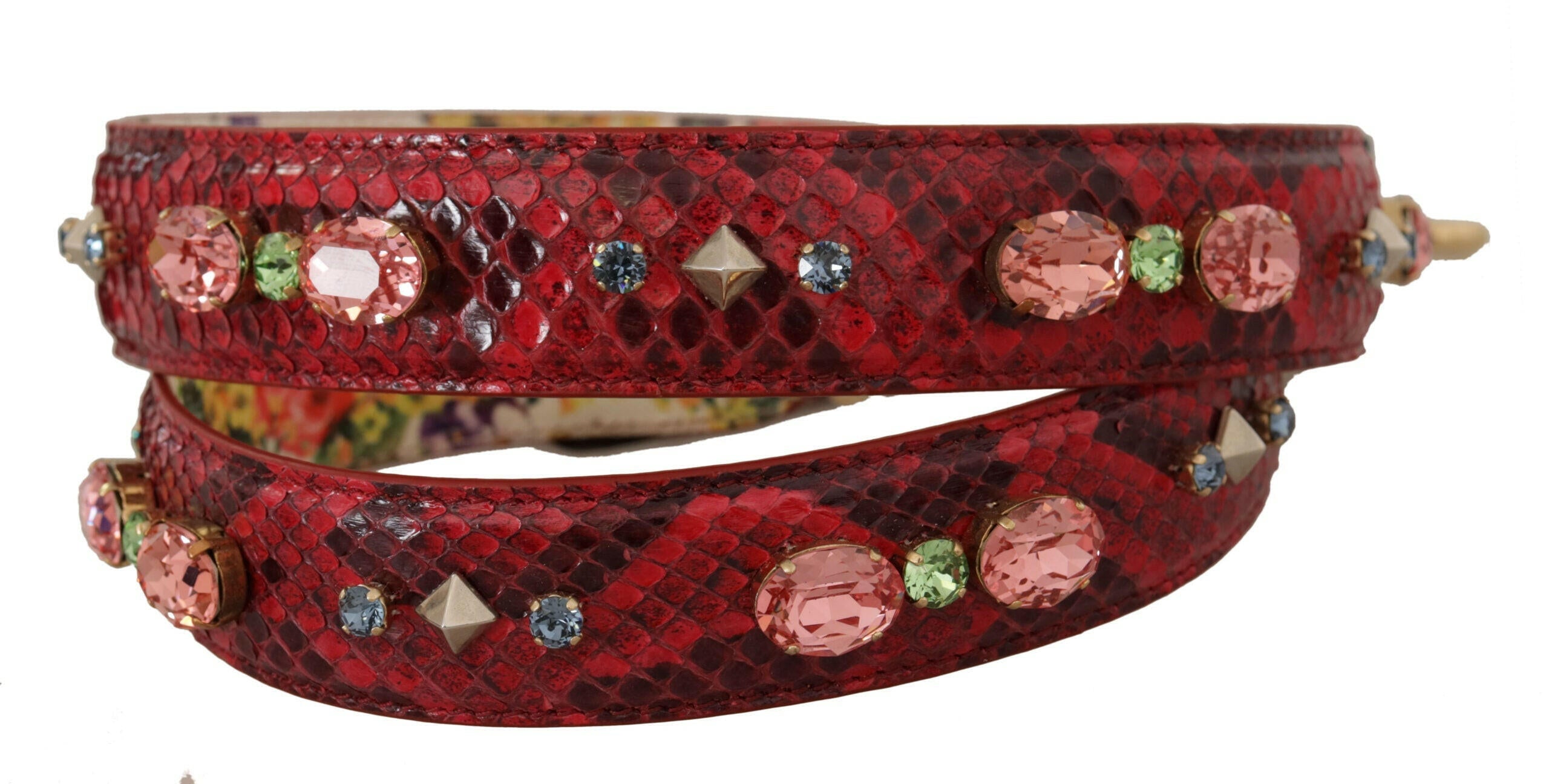 Dolce & Gabbana Red Exotic Leather Crystals Reversible Shoulder Strap.