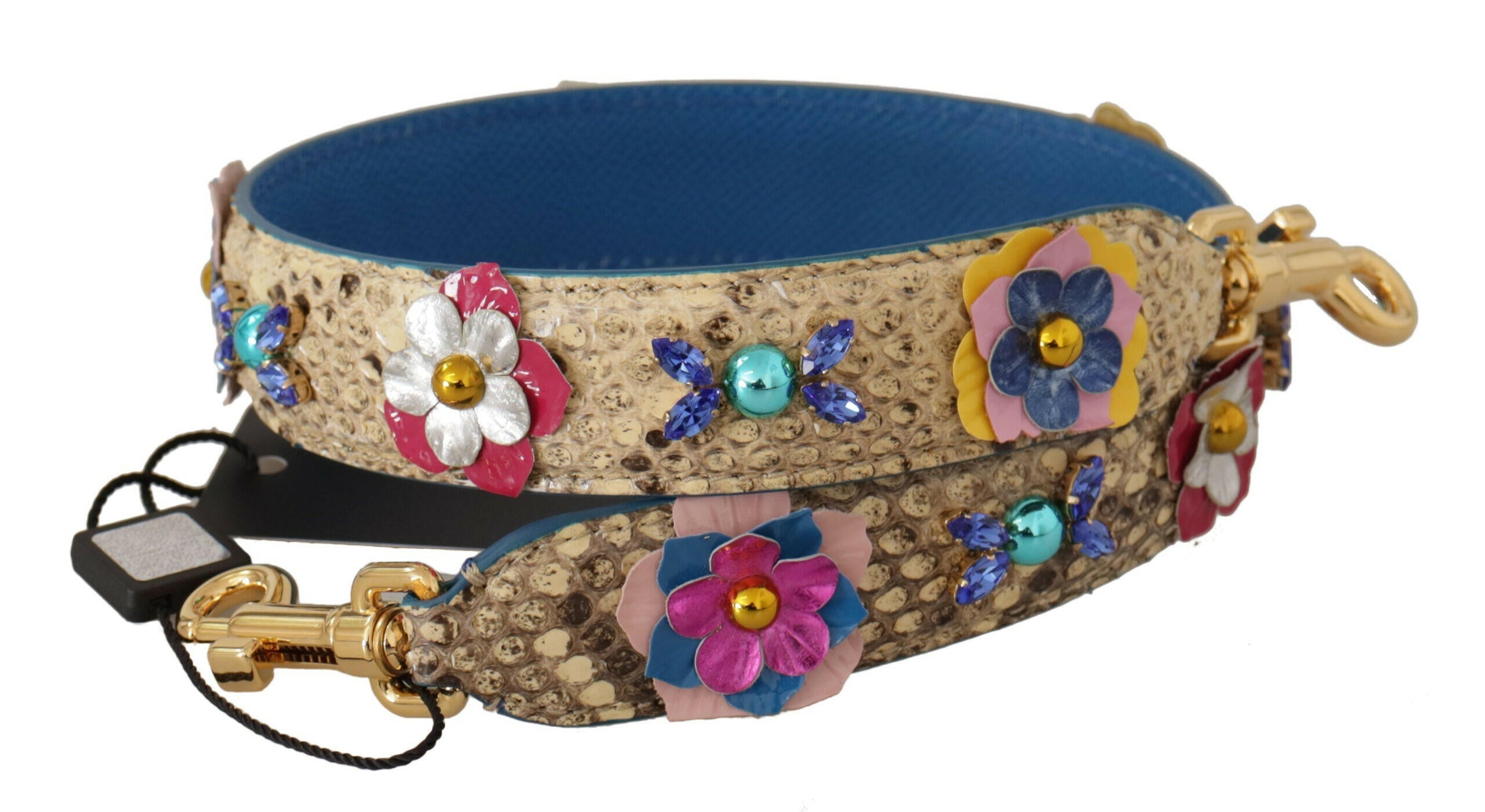 Dolce & Gabbana Beige Python Leather Floral Studded Shoulder Strap.