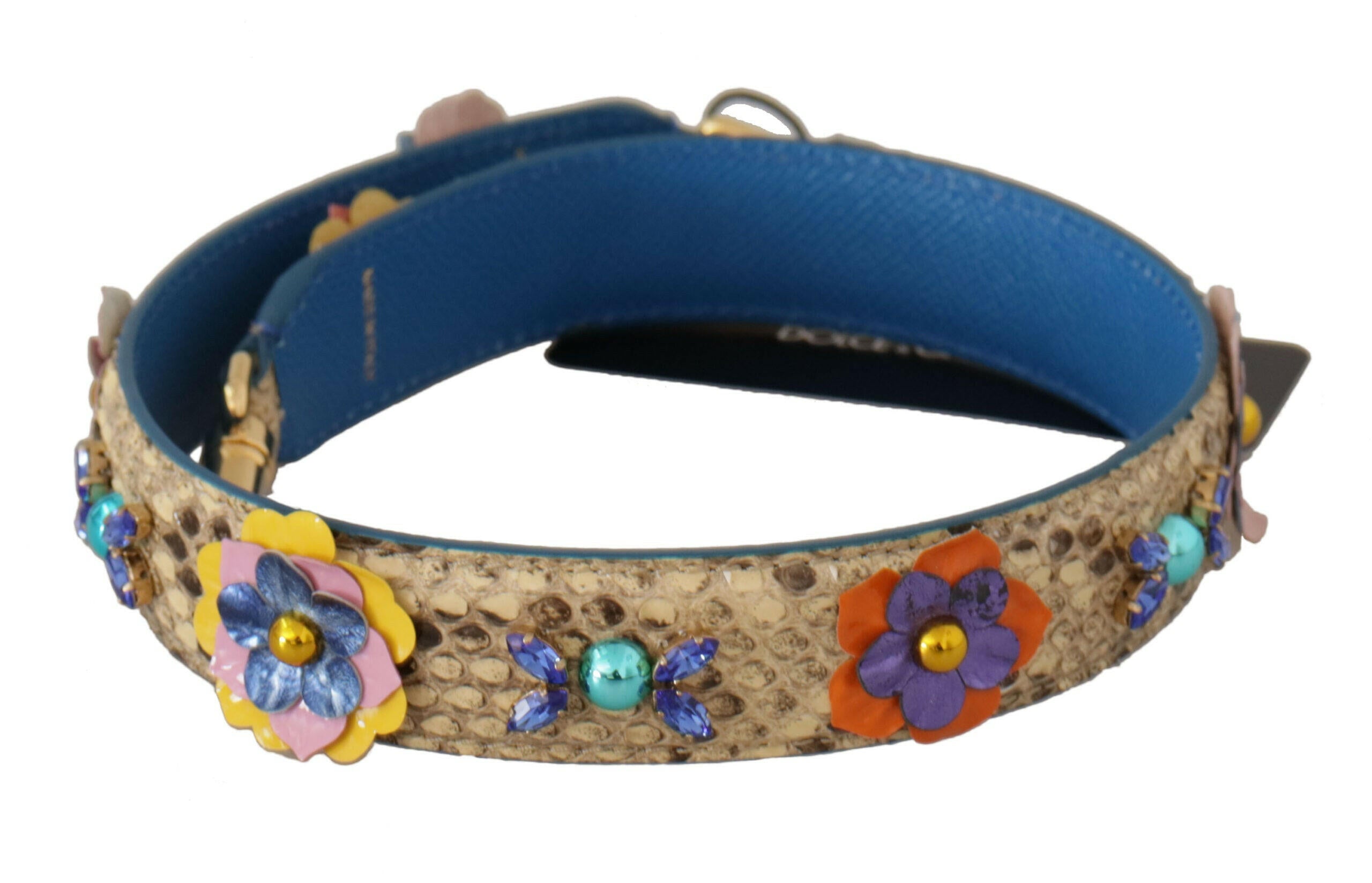 Dolce & Gabbana Beige Python Leather Floral Studded Shoulder Strap.