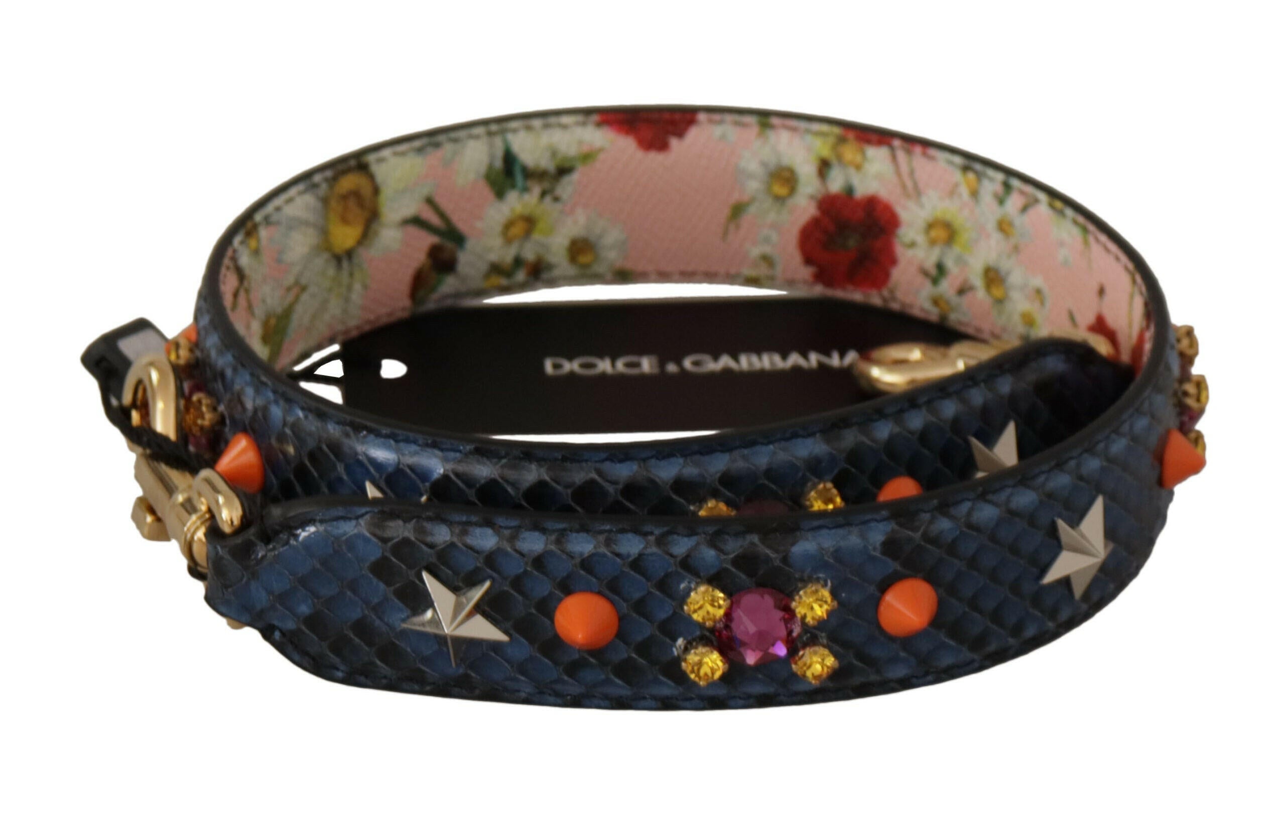 Dolce & Gabbana Blue Exotic Leather Crystals Reversible Shoulder Strap.