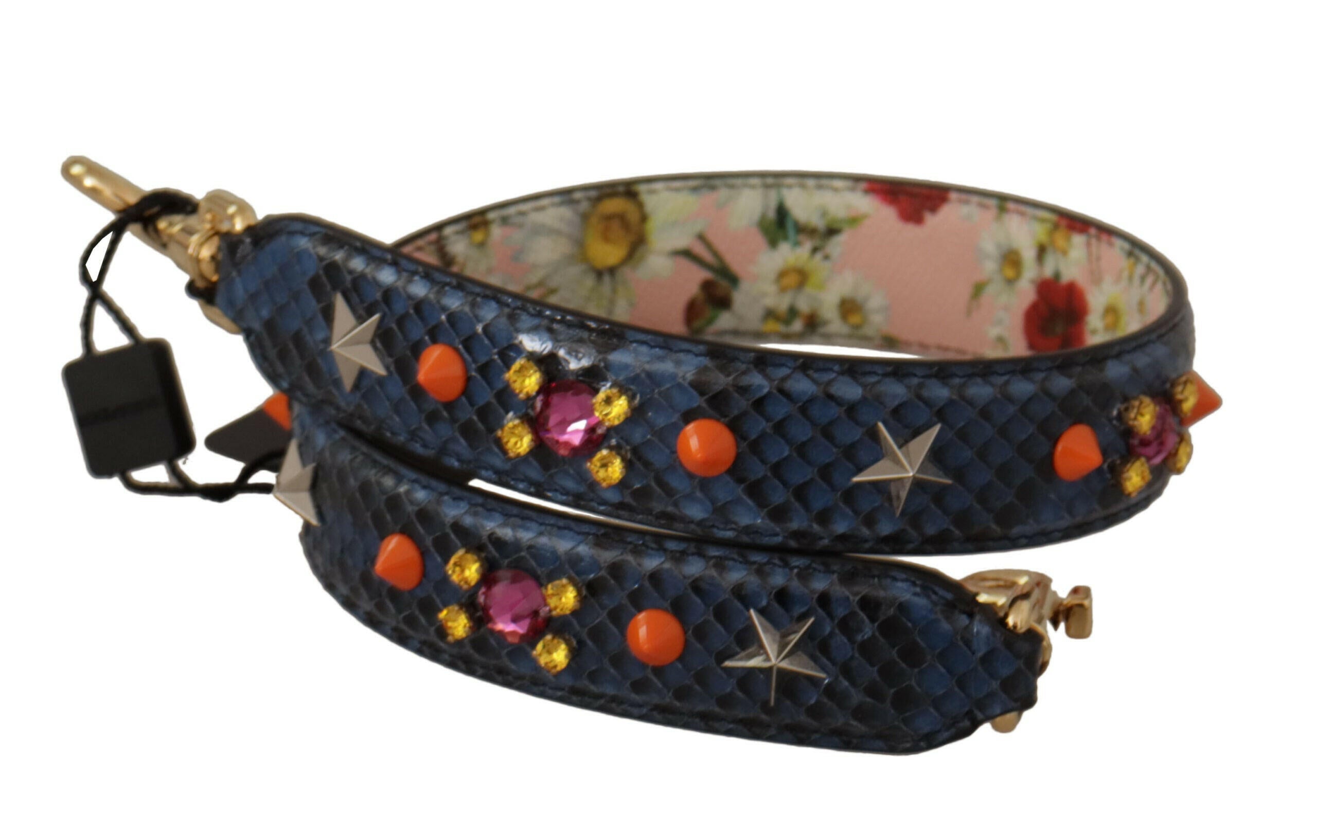 Dolce & Gabbana Blue Exotic Leather Crystals Reversible Shoulder Strap.