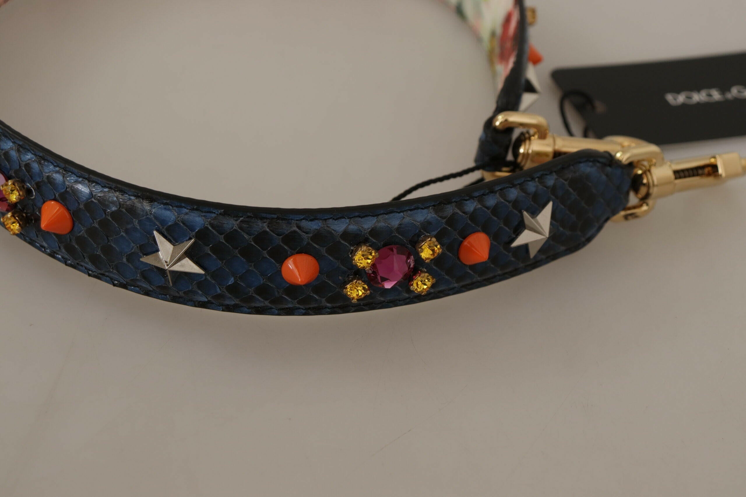 Dolce & Gabbana Blue Exotic Leather Crystals Reversible Shoulder Strap.