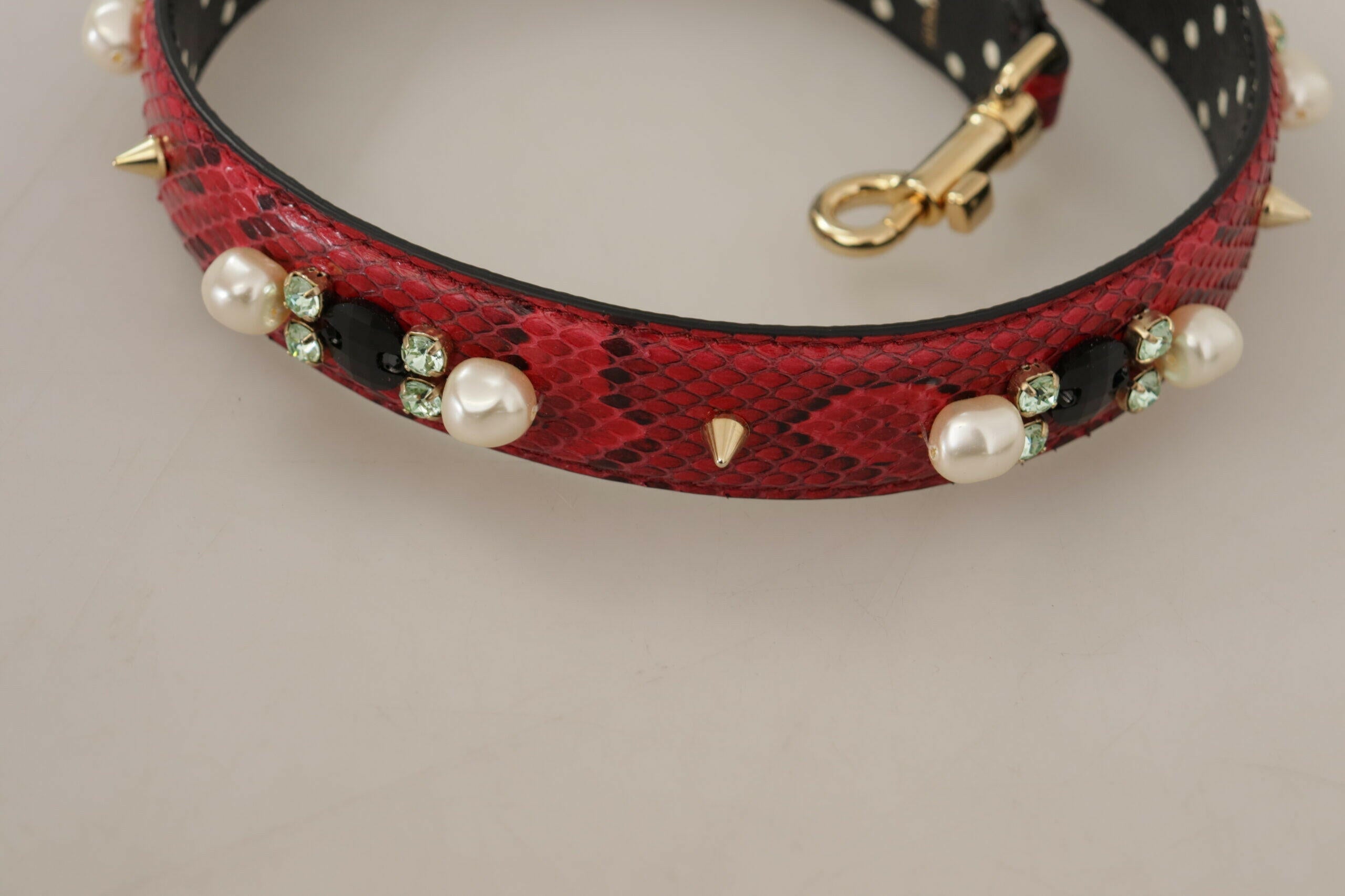 Dolce & Gabbana Red Python Leather Crystals Reversible Shoulder Strap.